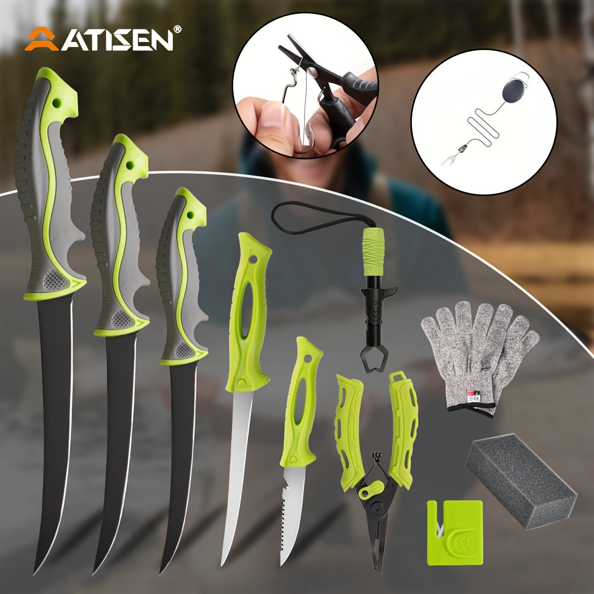 ATISEN 10/16pcs Professional Fishing Knife Set, Fish Angle Knife Set - for Filleting And Boning Fish, Dishwasher Safe - Filleting Knife, Road Runner Pliers, Fish Lip Gripper, Knife Sharpener, Retractable S-Buckle W/Harness Gi