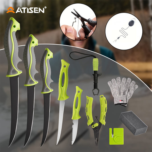 ATISEN 10/16pcs Professional Fishing Knife Set, Fish Angle Knife Set - for Filleting And Boning Fish, Dishwasher Safe - Filleting Knife, Road Runner Pliers, Fish Lip Gripper, Knife Sharpener, Retractable S-Buckle W/Harness Gi