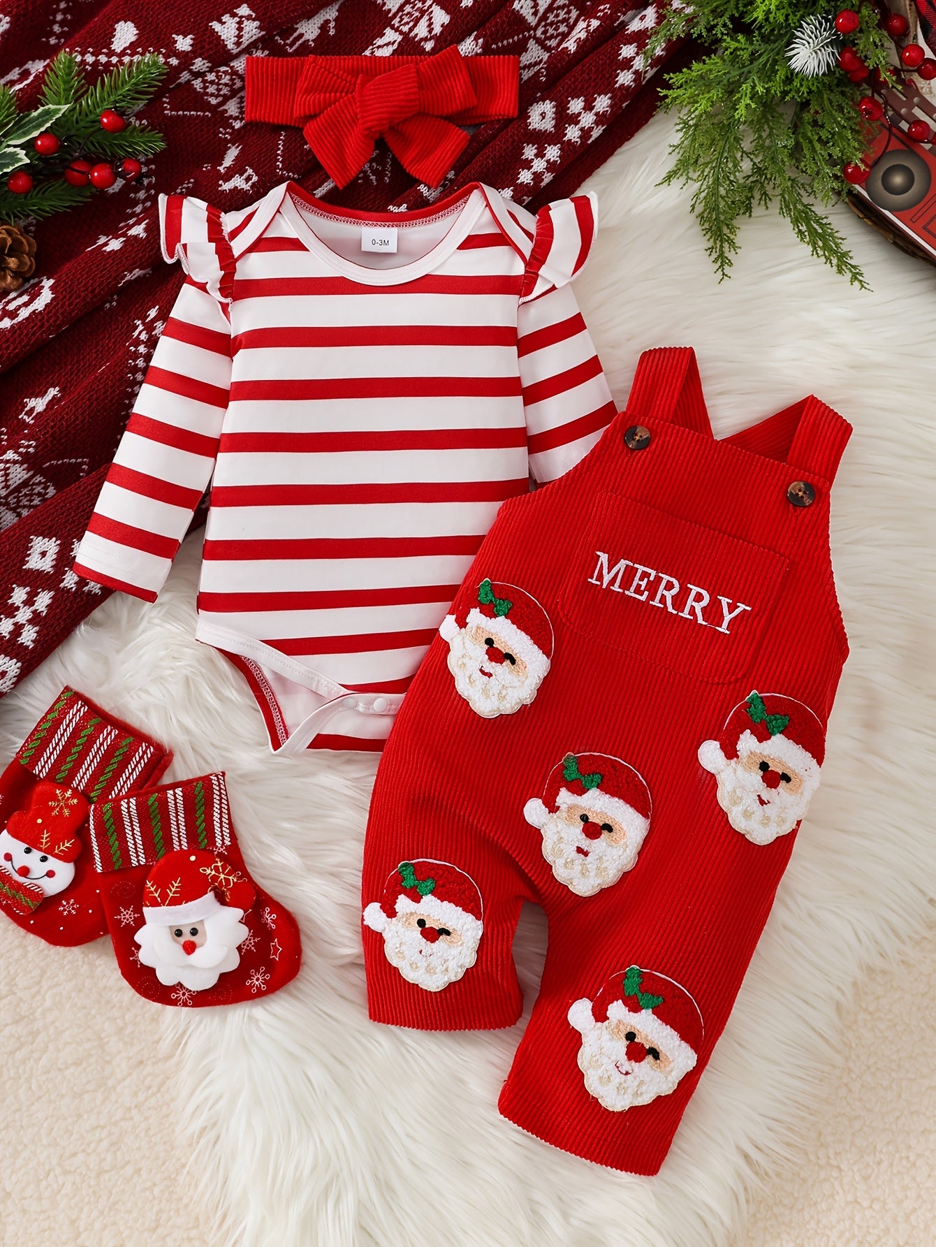 Baby Girl's Christmas Set - Red And White Striped Onesie, Santa Claus Embroidered Romper, with Hairband Included, Perfect for Outdoor