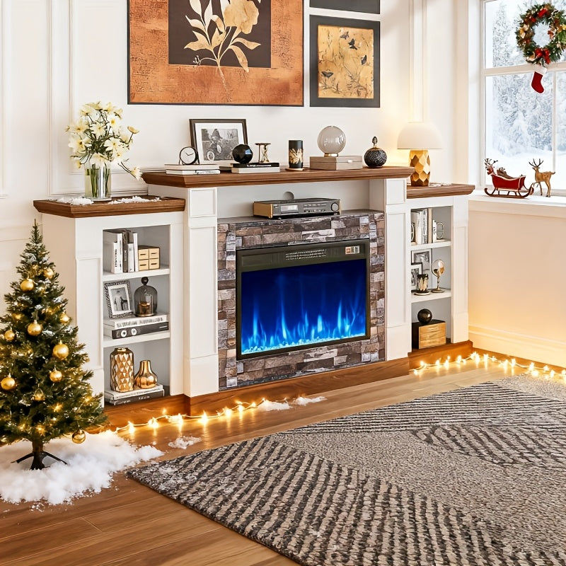 70-inch TV Stand With An Electric Fireplace And Mantel, A Contemporary Entertainment Unit Offering Open Storage, Remote Control, Adjustable Flames, And LED Lighting, Suitable For Living Rooms And Bedrooms And An Excellent New