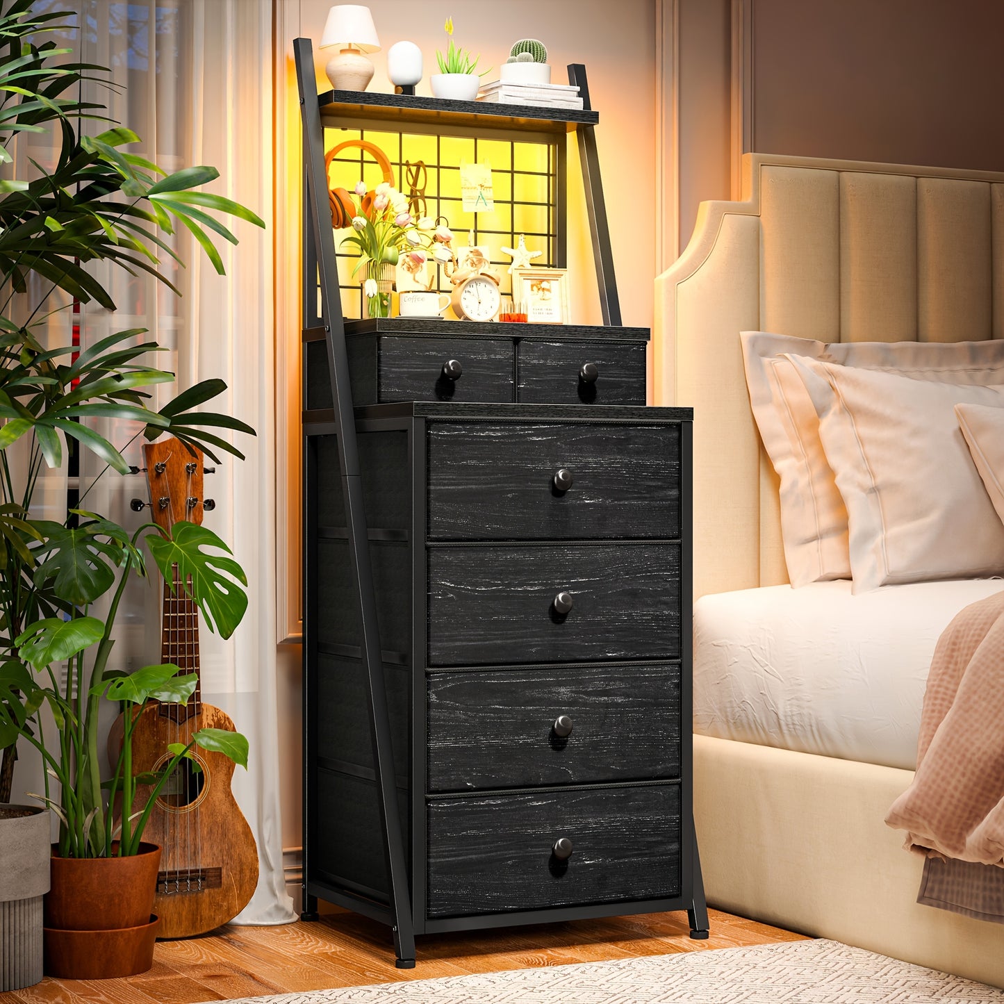 Modern White Vertical Dresser with LED Lighting - 6-Drawer Storage Cabinet with Open Shelf, Sturdy Softwood Construction, 27"+ Height, 3.2+ Cu Ft Capacity, Plug-in Power & Easy Assembly for Bedroom, Living Room, Dorm - Space-