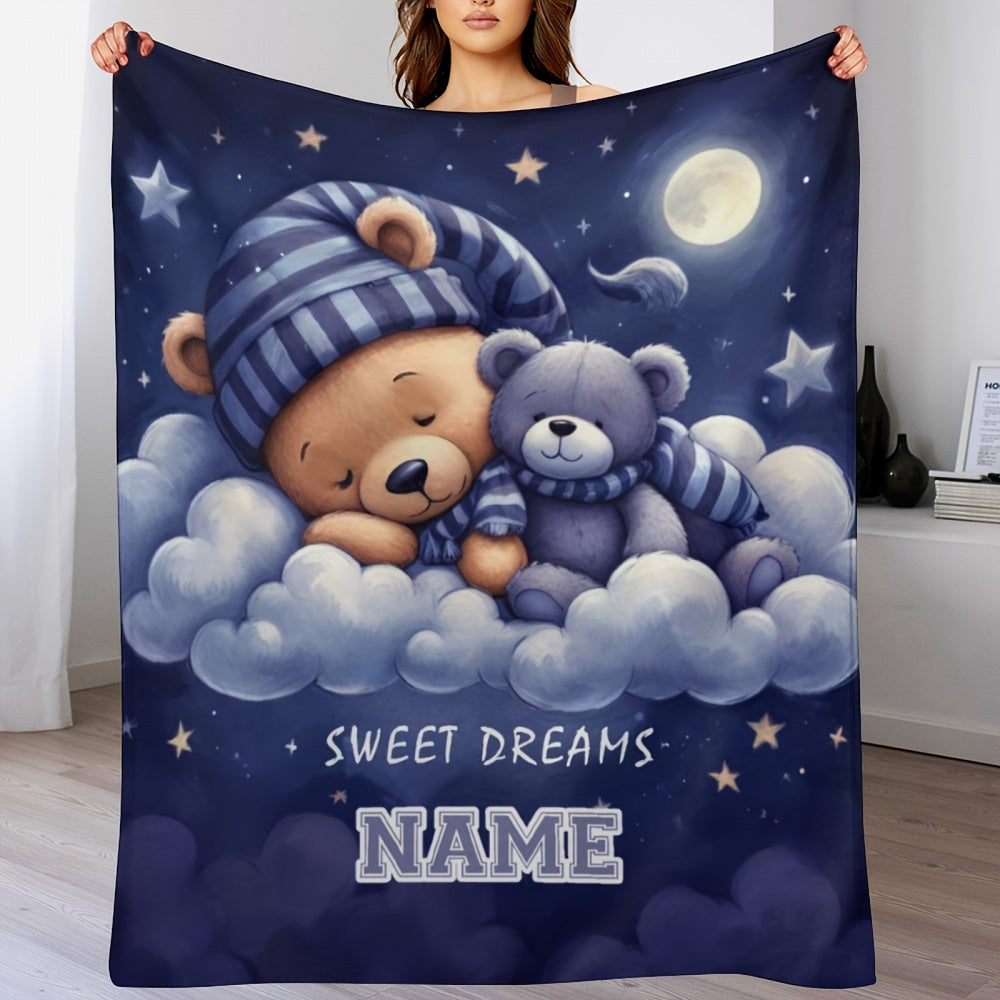 1pc[Personalized Bear Blanket] Soft, Lightweight Personalized Bear Themed Patterned Blanket with Customized Name| Suitable for Sofas, Beds, Outdoor| Perfect Birthday And Holiday