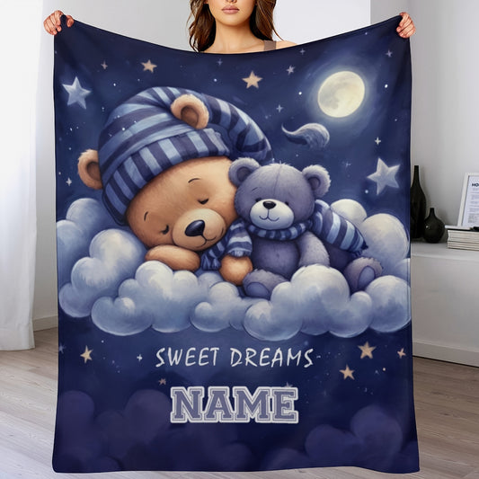 1pc[Personalized Bear Blanket] Soft, Lightweight Personalized Bear Themed Patterned Blanket with Customized Name| Suitable for Sofas, Beds, Outdoor| Perfect Birthday And Holiday