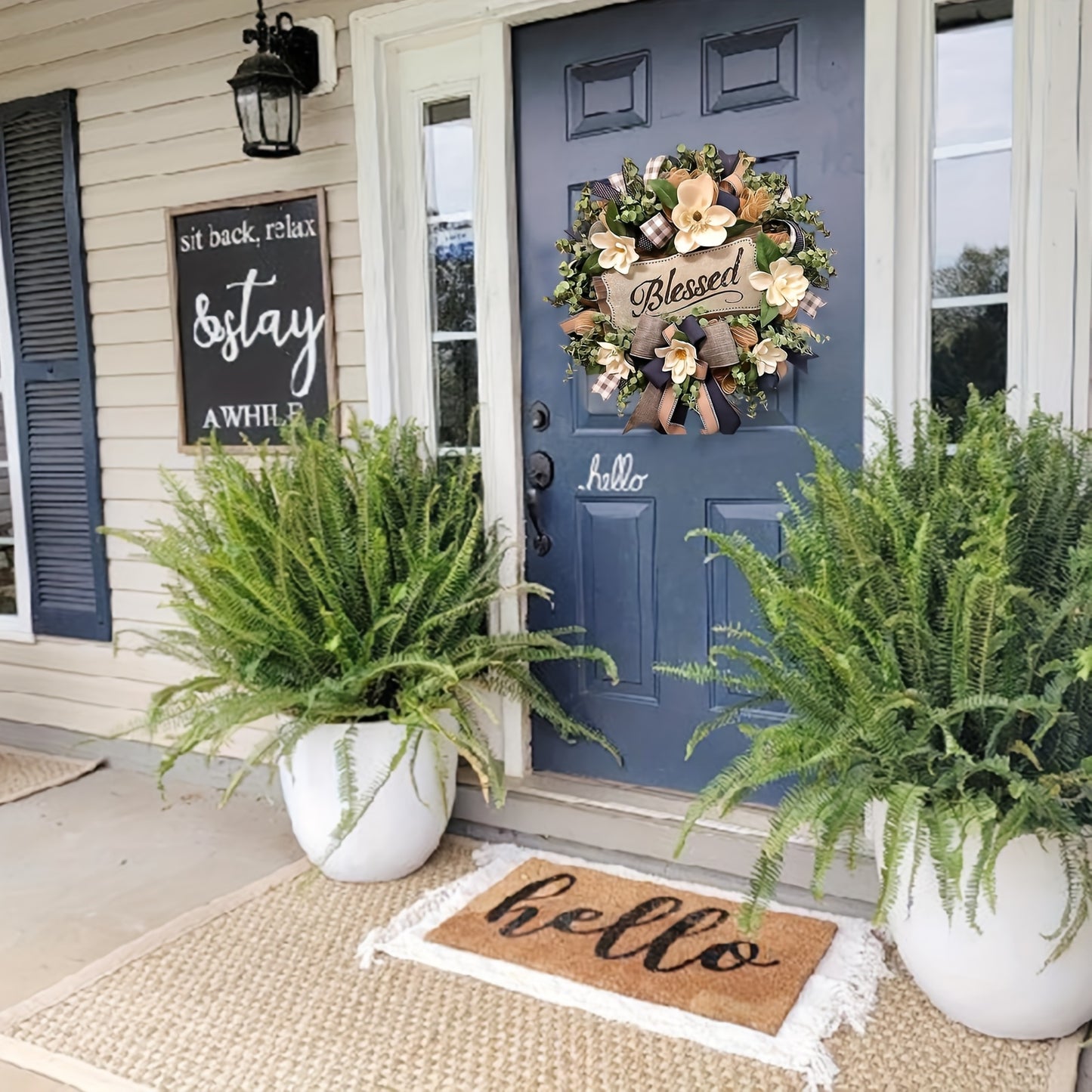 1 Extra-Large 20-Inch Farmhouse-Style Wreath- Elegant Magnolia Floral Door Decoration, Plaid Pattern, Rustic Porch Accent, Perfect for Thanksgiving, Halloween, Christmas, Garden Decor, Cozy Home Accent, Natural Leaf Design, F