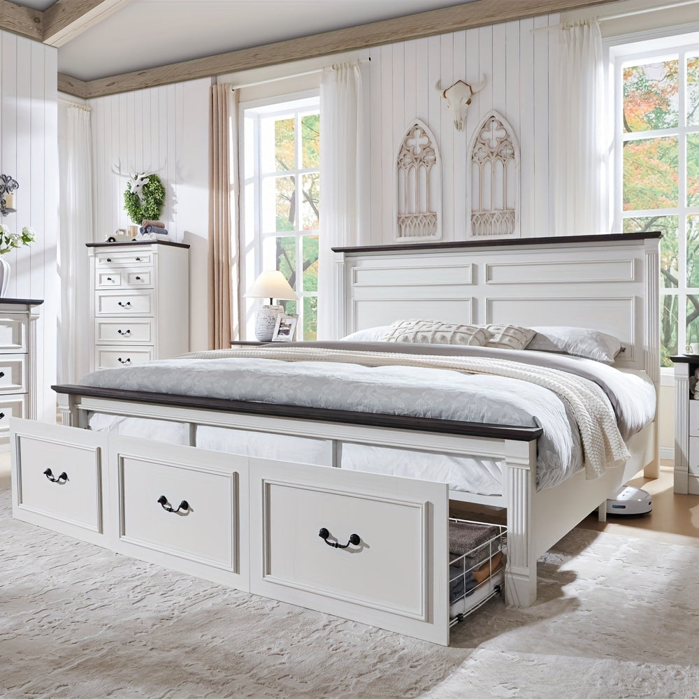 Farmhouse King/ Queen/ Full Size Bed Frame with Tall Headboard, Wood Platform Bed Frame with 20" Tall Roman Column Decoration Footboard & 3 Large Storage Drawers, No Box Spring Needed