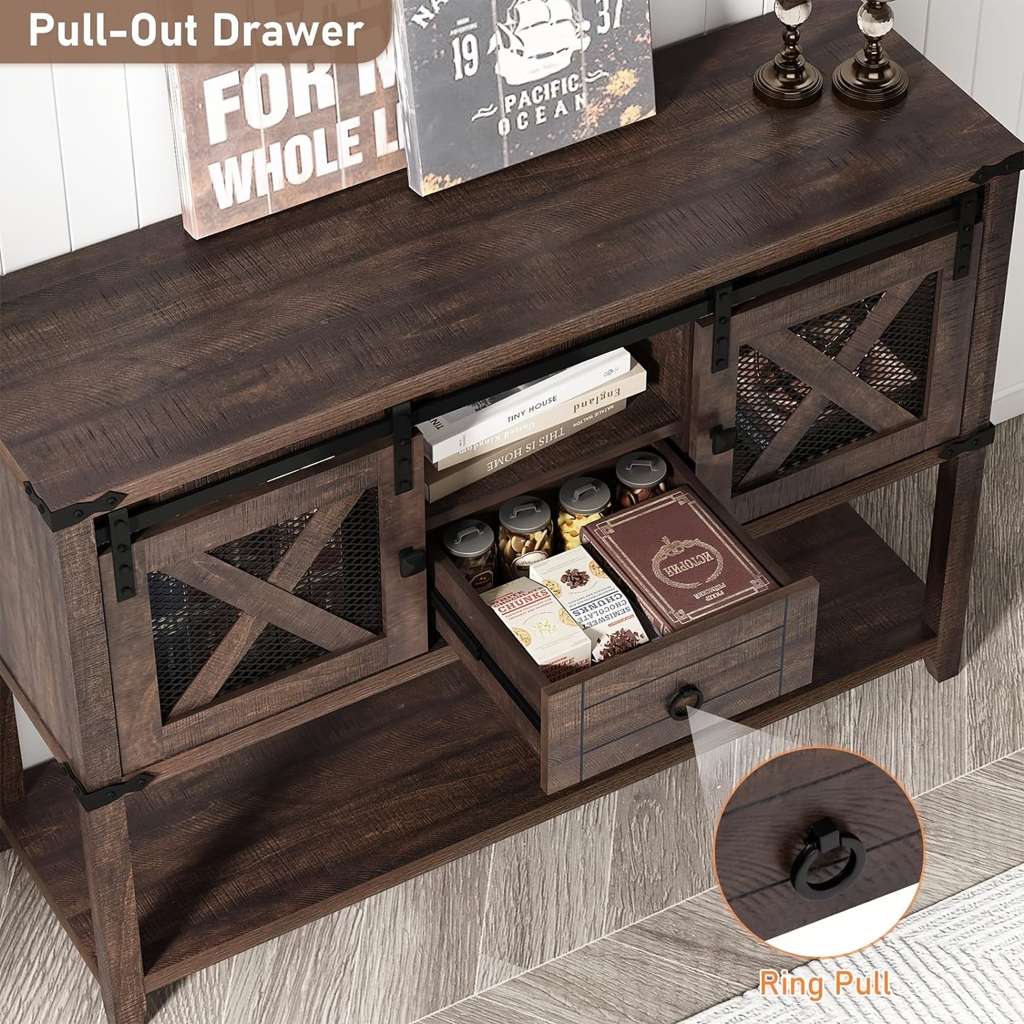 Farmhouse Entryway Table with 2 Sliding Barn Doors & Drawer, 46'' Rustic Console Table with Storage, Open Shelf Space, Industrial Sofa Table for Living Room, Entryway, Hallway,