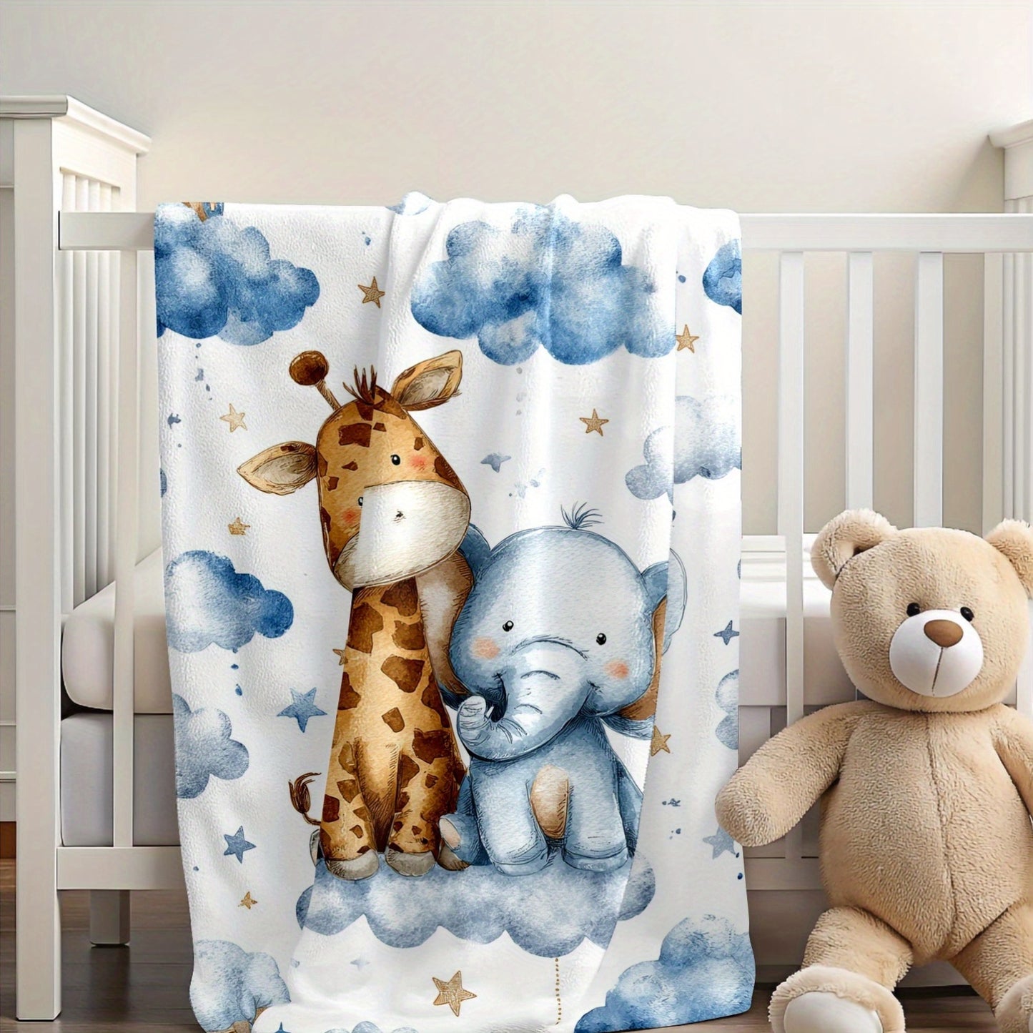 280gsm Jungle Bedspread - Giraffe & Elephant Plush Flannel Quilt Set with Clouds & Stars, Soft All-Season Bedding for, Bed, Sofa, Car, Camping - Cute Baby Animal Blanket Gift, Leopard Throw Blanket, Animal Hooded Blanket, Blu