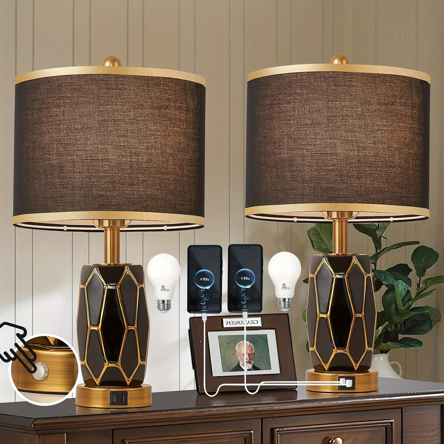 2 Touch Desk Lamps In The Bedroom, Living Room, Modern Ceramic Desk Lamp With USB Port, Bedside Bedside Bedside Lamp With Fabric Drum Lampshade, Including 2 Light Bulbs