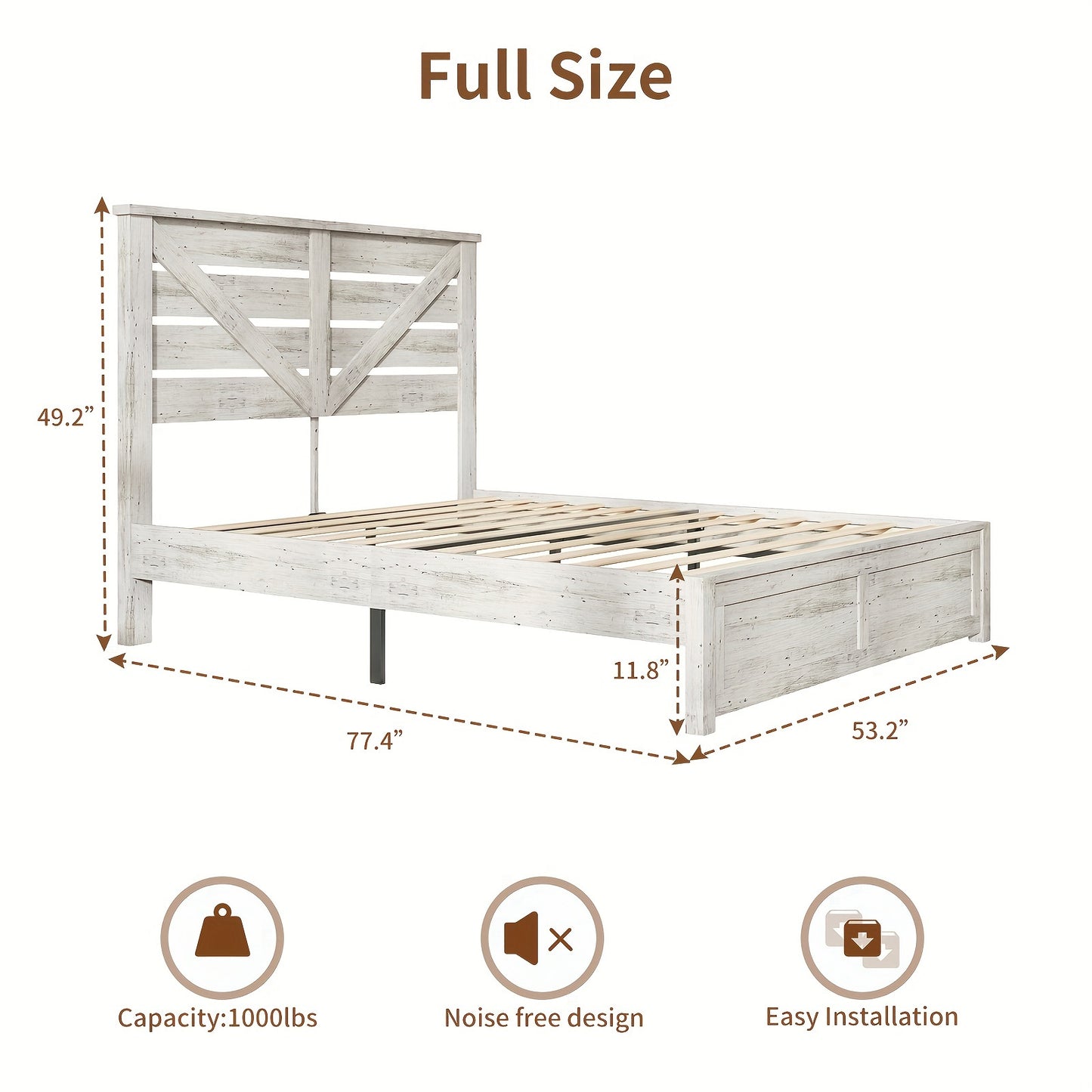 LUXOAK Farmhouse Wooden Platform Bed Frame with 49.2" Headboard - No Box Spring Needed, Noise-Free, Easy Assembly