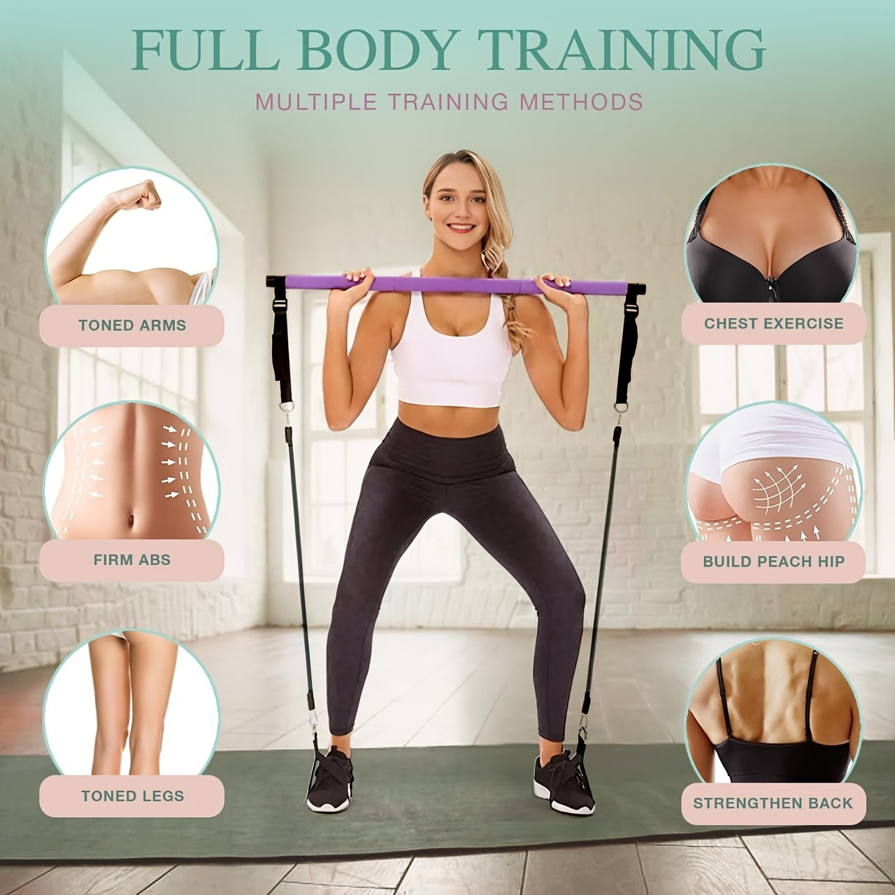 Pilates Bar Kit, Including a Pilates Bar And Resistance Bands (Totaling 180 Lbs). A Comprehensive Workout Package Featuring a Door Anchor for Full-Body Toning And Strength Exercises. Convenient And Adaptable, This Is a 14-In-