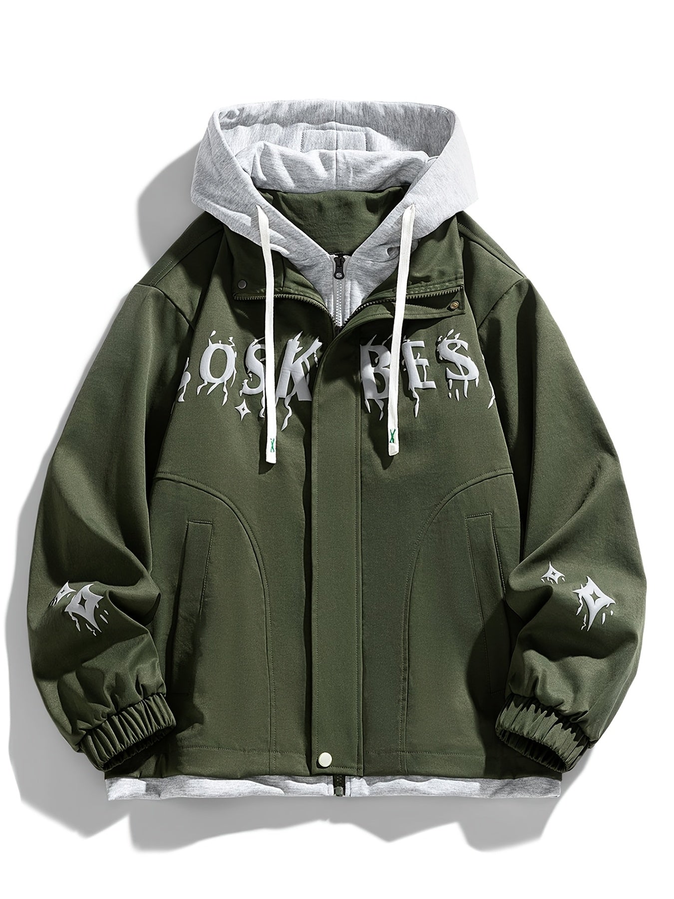 Men'S Urban Fashion: A Large, Color-Blocked Hooded Jacket Featuring Striking Text And a Faux Layering Style, Along with a Spring Crewneck Sweatshirt Designed to Look Like a Two-Piece, And a Casual Zip-Up, Plus Size