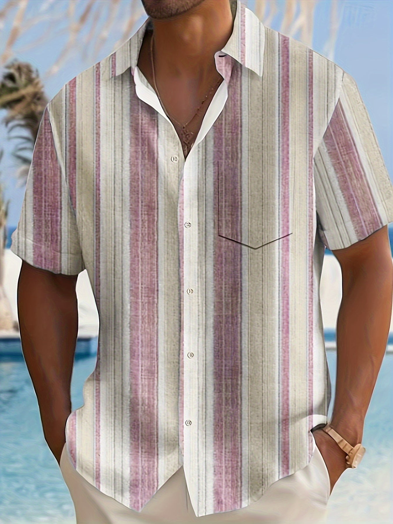 Men's Casual Short Sleeve Shirt with Full-Body Digital Print - Striped Design, Regular Fit, Button Front, All-Season Versatile Top for Casual Outings