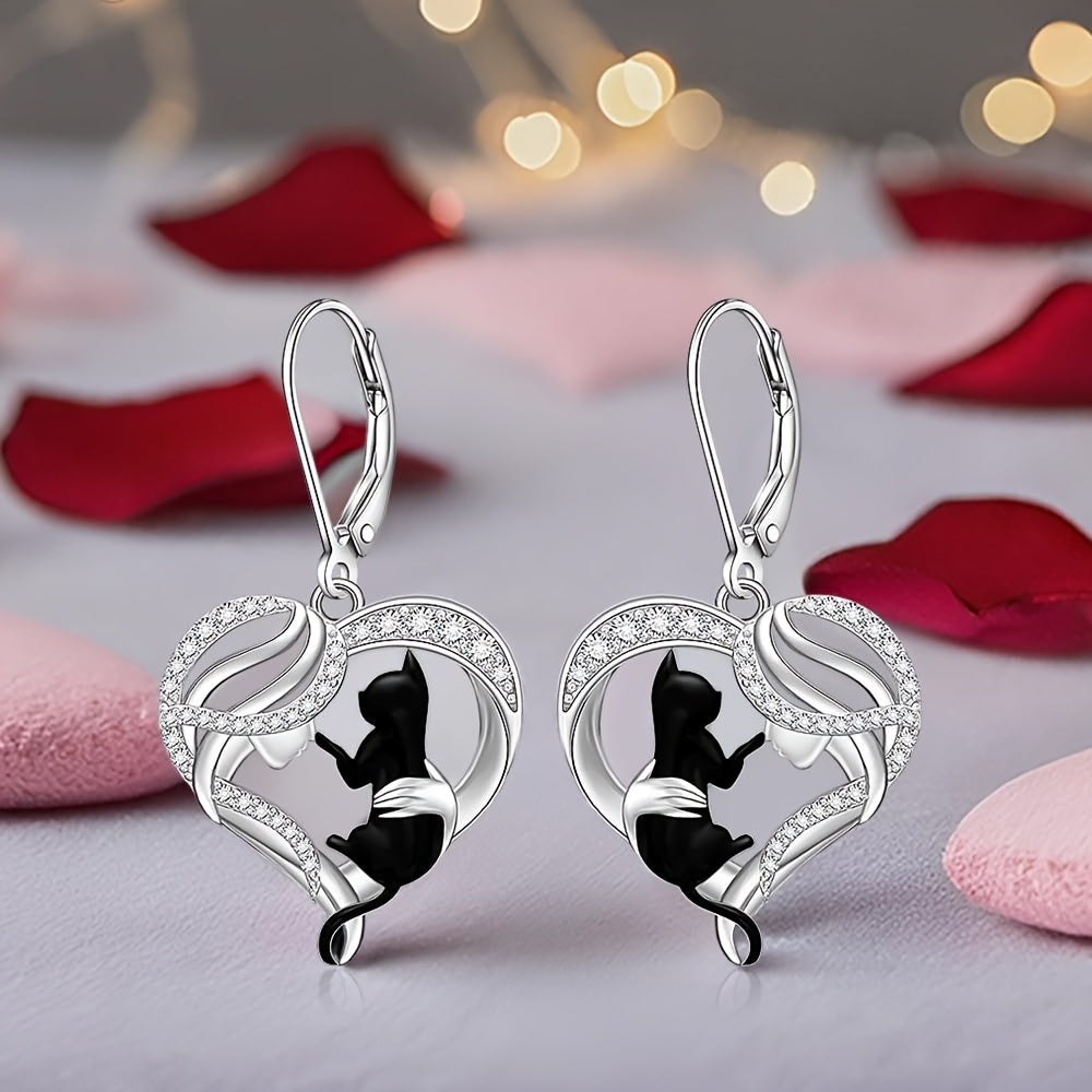 Black Cat Earrings for Women Cat Sterling Silvery Earrings Dangle Leverback Halloween Christmas Jewelry Cute Cats Gifts, Holiday Jewelry, Dangle Design, Bohemian Style, Synthetic Stone, Lightweight Earrings, Drop Earrings, St