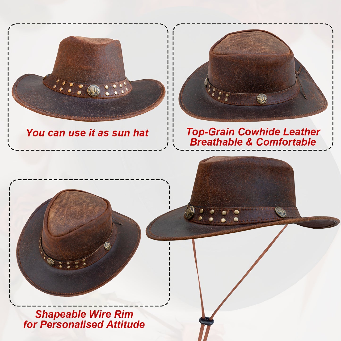 1pc SideWinder Australian Cowboy Leather Hat Unisex Adult For Men And Women Shapeable Outback Western Style Wide Brim, Lightweight Top-Grain Leather, High Quality &, Adjustable Chin Cord, Festival Accessory, Unisex Outdoor He