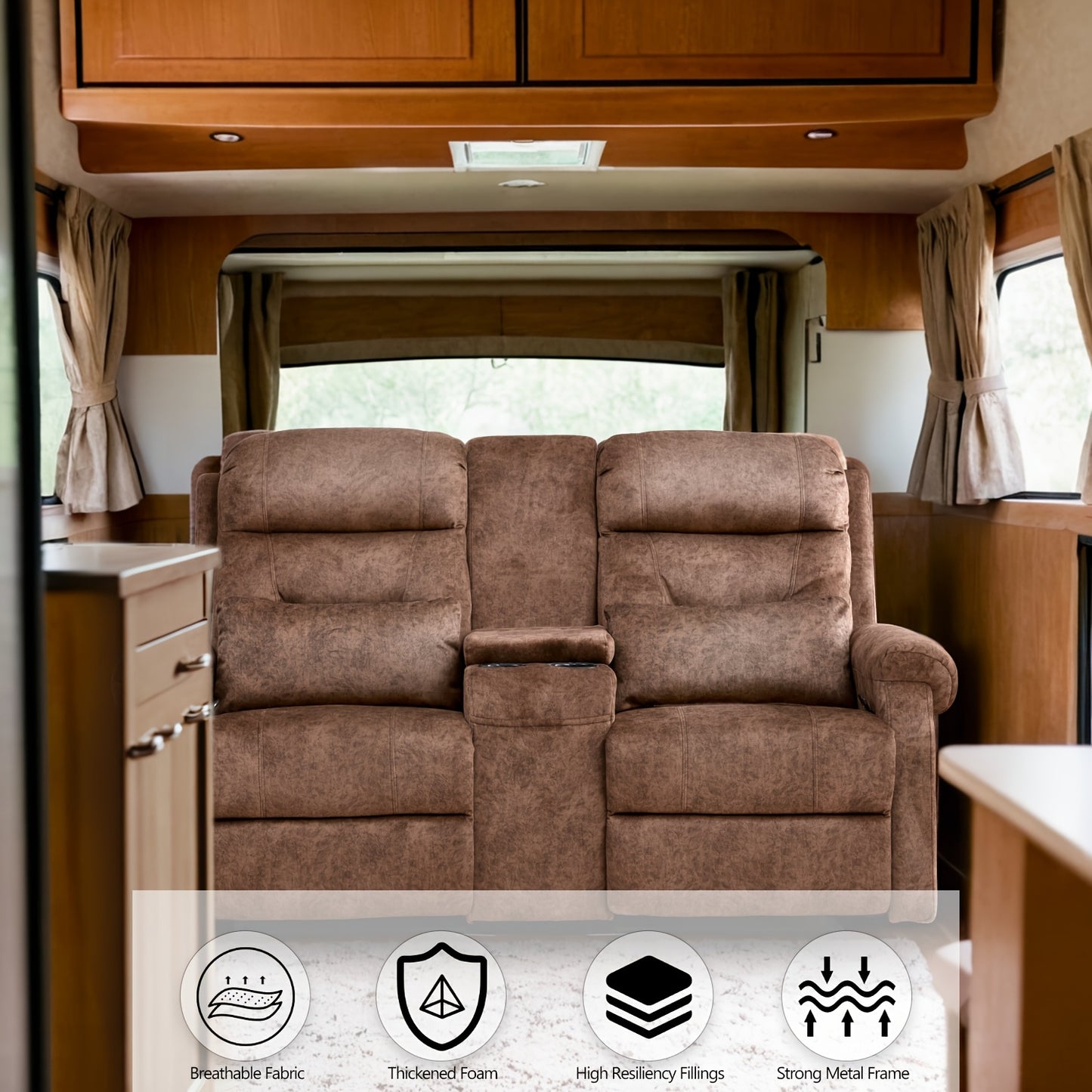 Manual RV Loveseat Recliner | Brown Velvet Cushion-back Sofa with Console, Cup Holders, Pockets for Living Room and Home Theater Seating, Metal Frame, Contemporary Style by VUYUYU