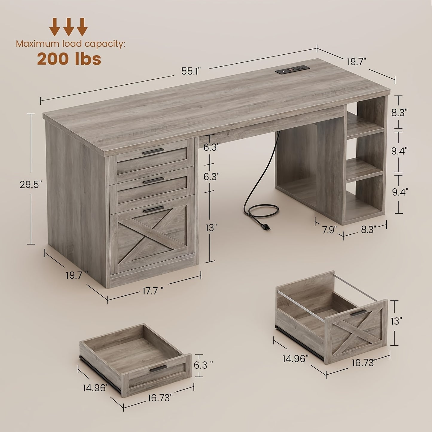 55.1" Farmhouse Desk with Ample Storage, Home Office Desk with File Drawer And Open Shelves, Computer Desk with 3 Drawers, White & Brown Top