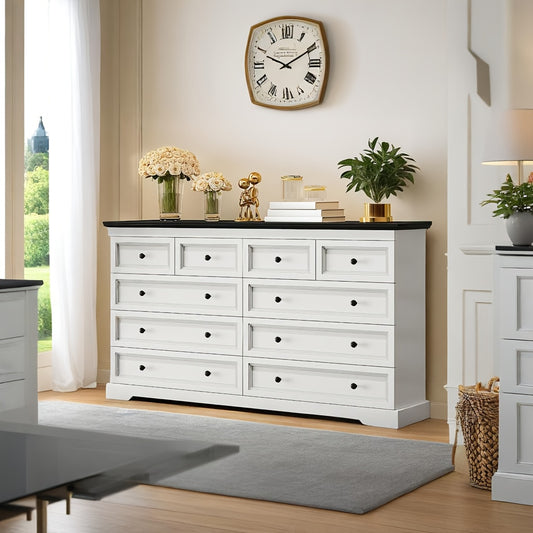 55" Wide 10-Drawer Metal Dresser - Modern White & Black Chest of Drawers, Freestanding Storage Cabinet for Bedroom, Living Room, Entryway, Easy Assembly, Compact Design Under 27" Height