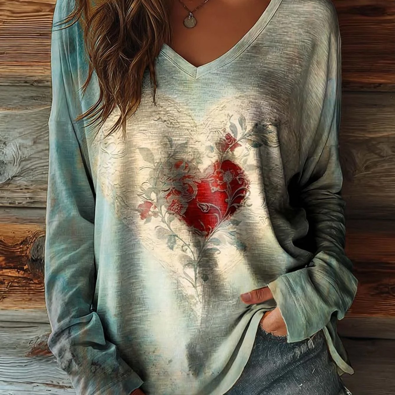 Plus Size, Fall/Winter Women's Casual Retro Style Long-Sleeved T-Shirt with Flower and Heart Print V-Neck and Unique Design Large Size Women's Top