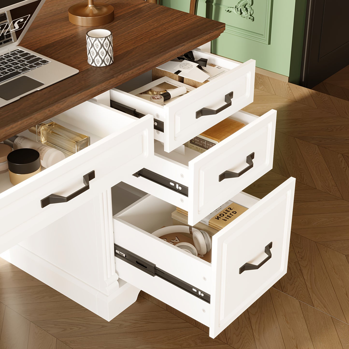 59" Modern Executive Office Conference Desk with 5-Drawer Storage, 2-Tier Cabinets & Walnut/White - Heavy-Duty -Like MDF, Spacious Walnut Veneer Countertop, Freestanding Boardroom Desk for Office, Study Room