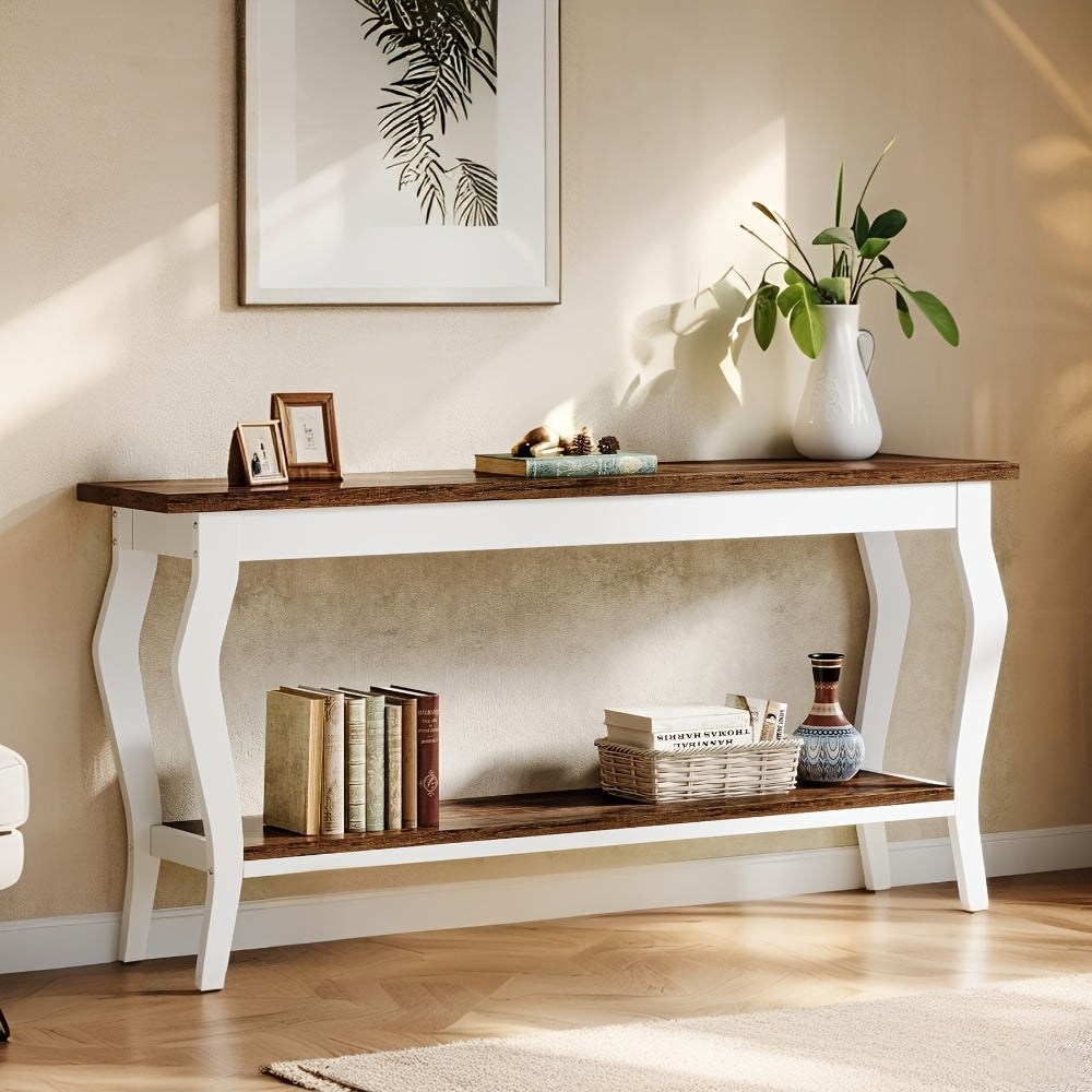 70.9 Inches Extra Long Sofa Table Behind Couch, Vintage Console Entry Table With 2-Tier Storage For Hallway, Entryway, Living Room, White & Brown