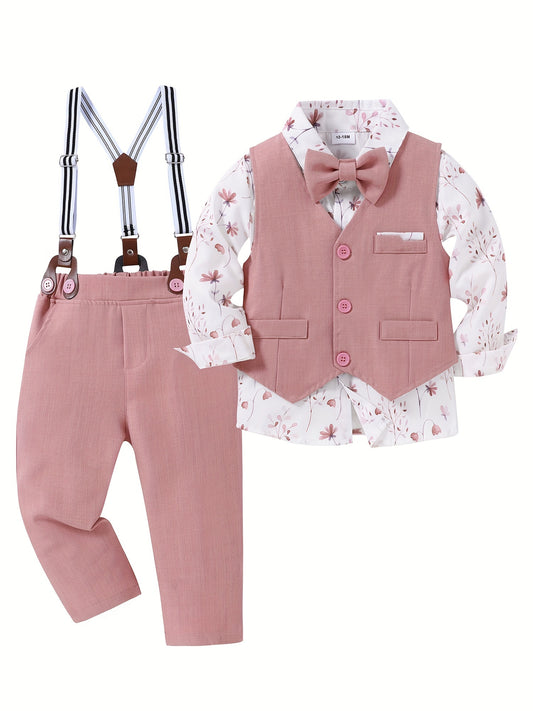 4pcs Boy Clothes Suit Gentleman Wedding Outfits Formal Dress Shirt/Bowtie/Vest/Suspender Pants 1-5T, Special Occasion Outfit, Toddler Wedding Attire, Elegant Toddler Outfit, Classic Baby Suit, Comfortable Toddler Clothes, Dur