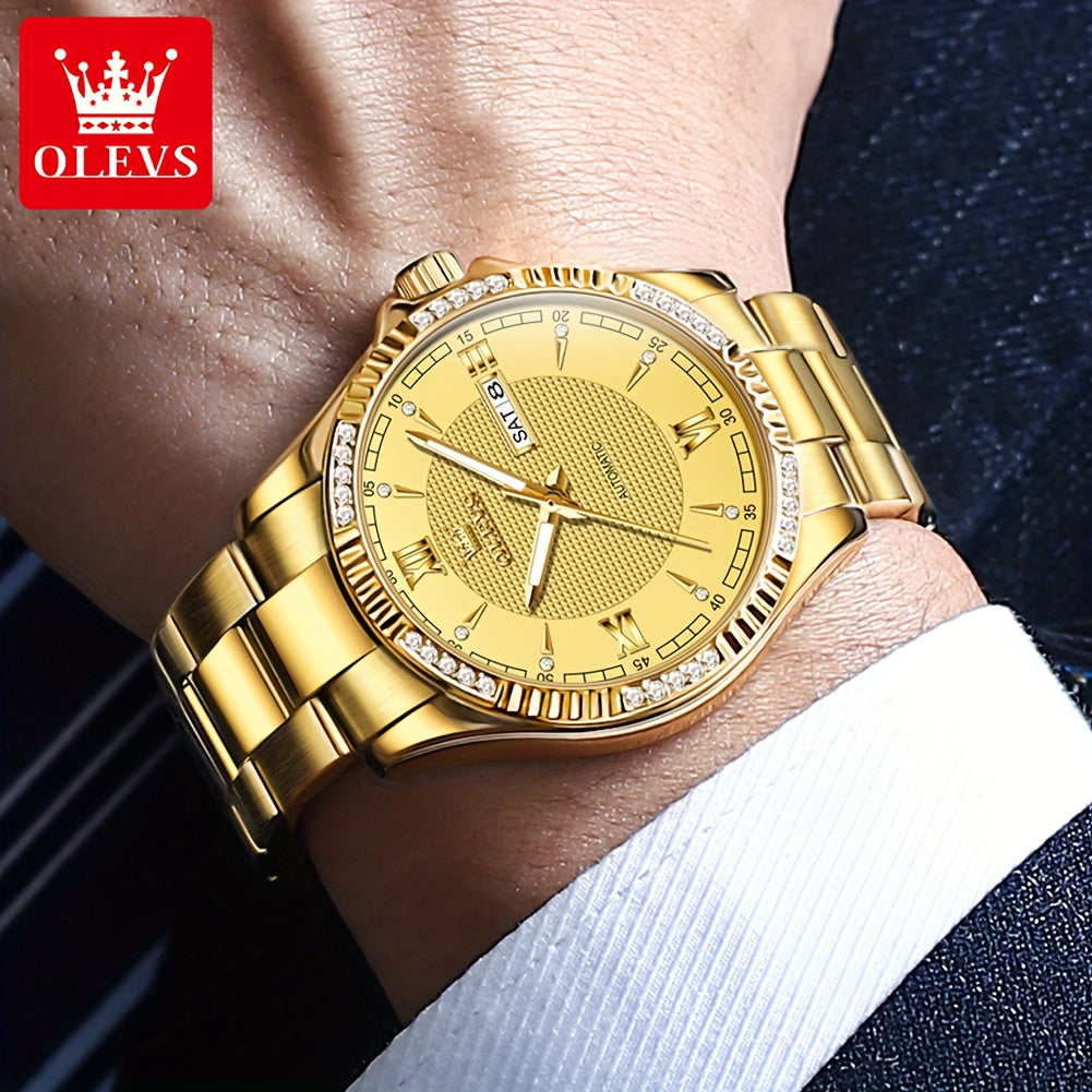 OLEVS Luxury Men'S Automatic Mechanical Watch with Luminous Hands & Dual Calendar - Stainless Steel Business Chronograph, Golden-Tone Dial, High Quality (1181.1inch) - Self-Winding Movement, No Battery/Easy Maintenance, Elega