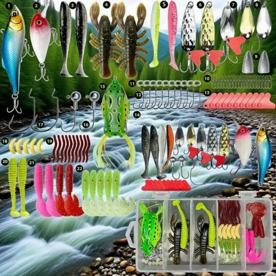 fanyishu Popular - Professional Bass Fishing Lure Set | 109pcs Kit, Includes Treble Hooks, Soft Baits, Plastic Worms, Sinkers, and Fish Hooks Suitable for Saltwater