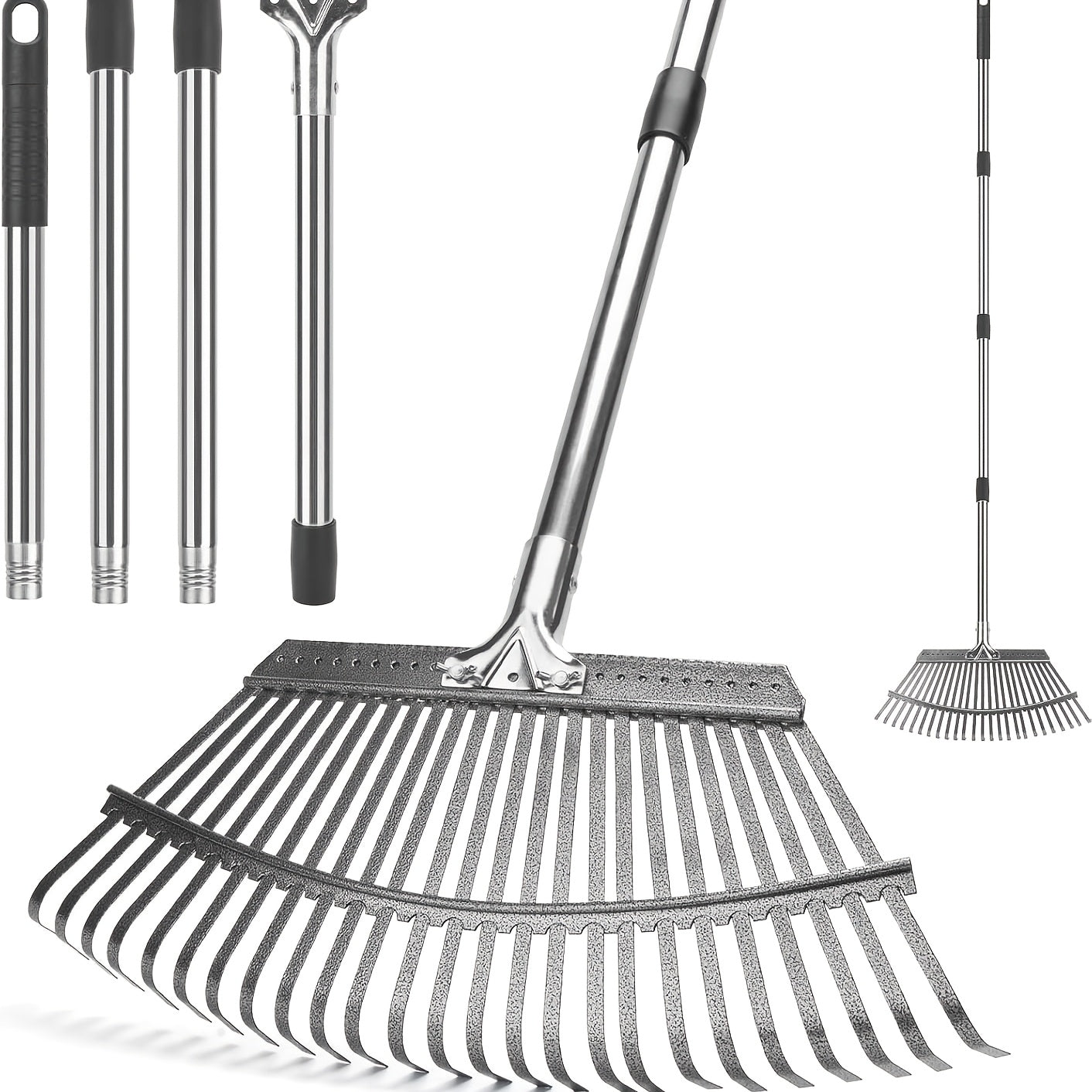 25 Tines Garden Leaf Rake | 18.5" Wide, 62" Adjustable Long Handle, Stainless Steel for Lawns, Yard, Grass, Flower Beds, All Season
