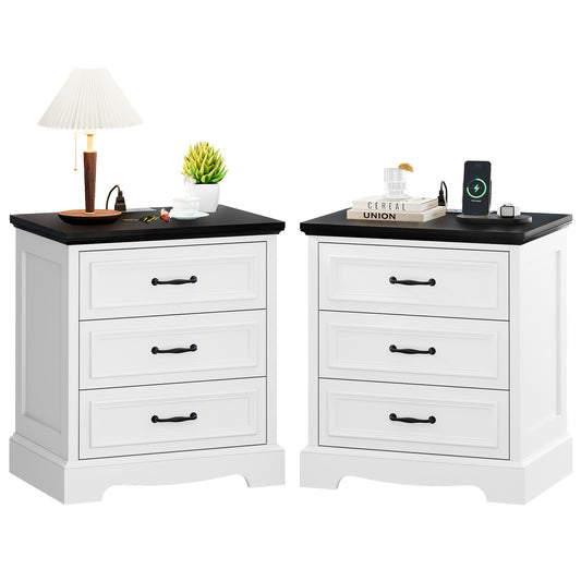 Farmhouse Nightstand Set Of 2, Wood Night Stand With 3 Drawers And Charging Station