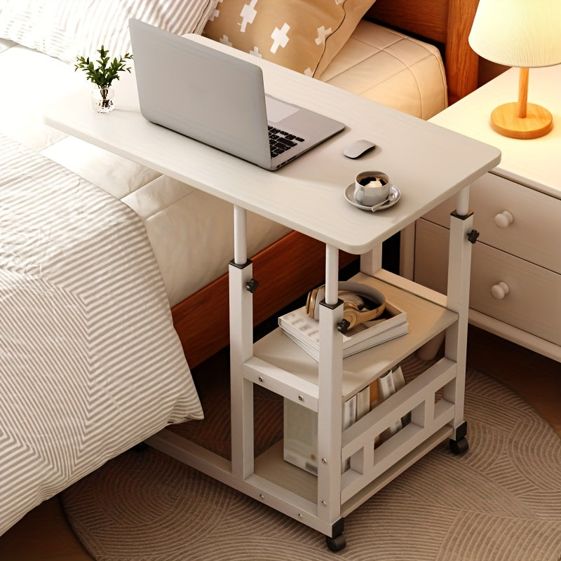 Height Adjustable Rolling Table with Storage Shelves - Heavy-Duty Wood/Metal Construction, Modern Mobile Desk with Casters, Space-Saving Design for Home Office, Bedside, Laptop Workstation & Small Spaces - Easy Assembly, Engi