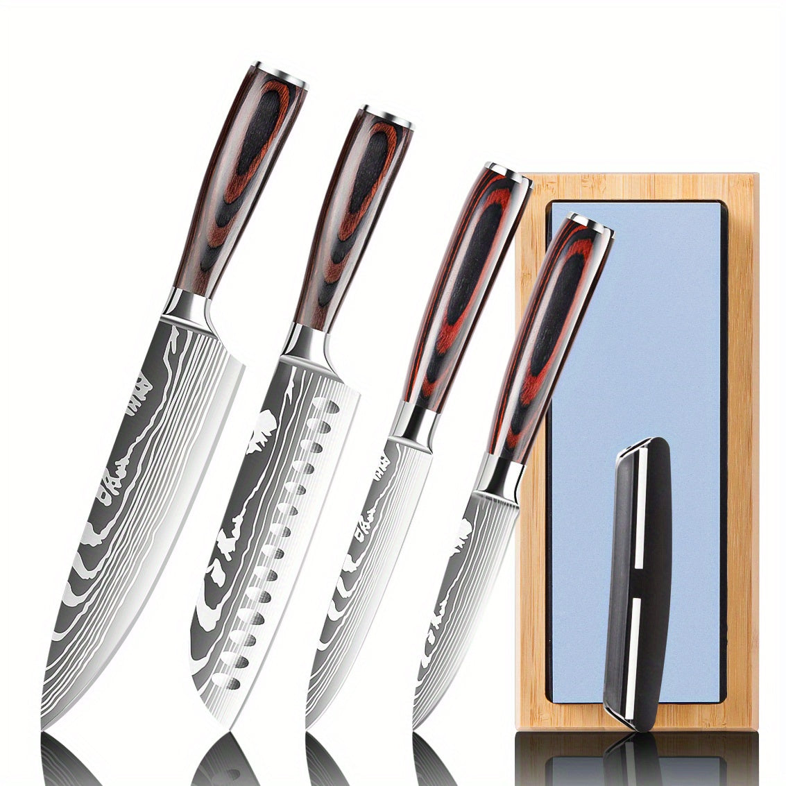 5pcs Professional Chef Knife Set with Sharpener - Heavy-Duty High Carbon Stainless Steel Style Kitchen Knives (Chef's Knife, Santoku Knife, Utility Knife, Paring Knife) - Complete Kit for & Professional Cooks
