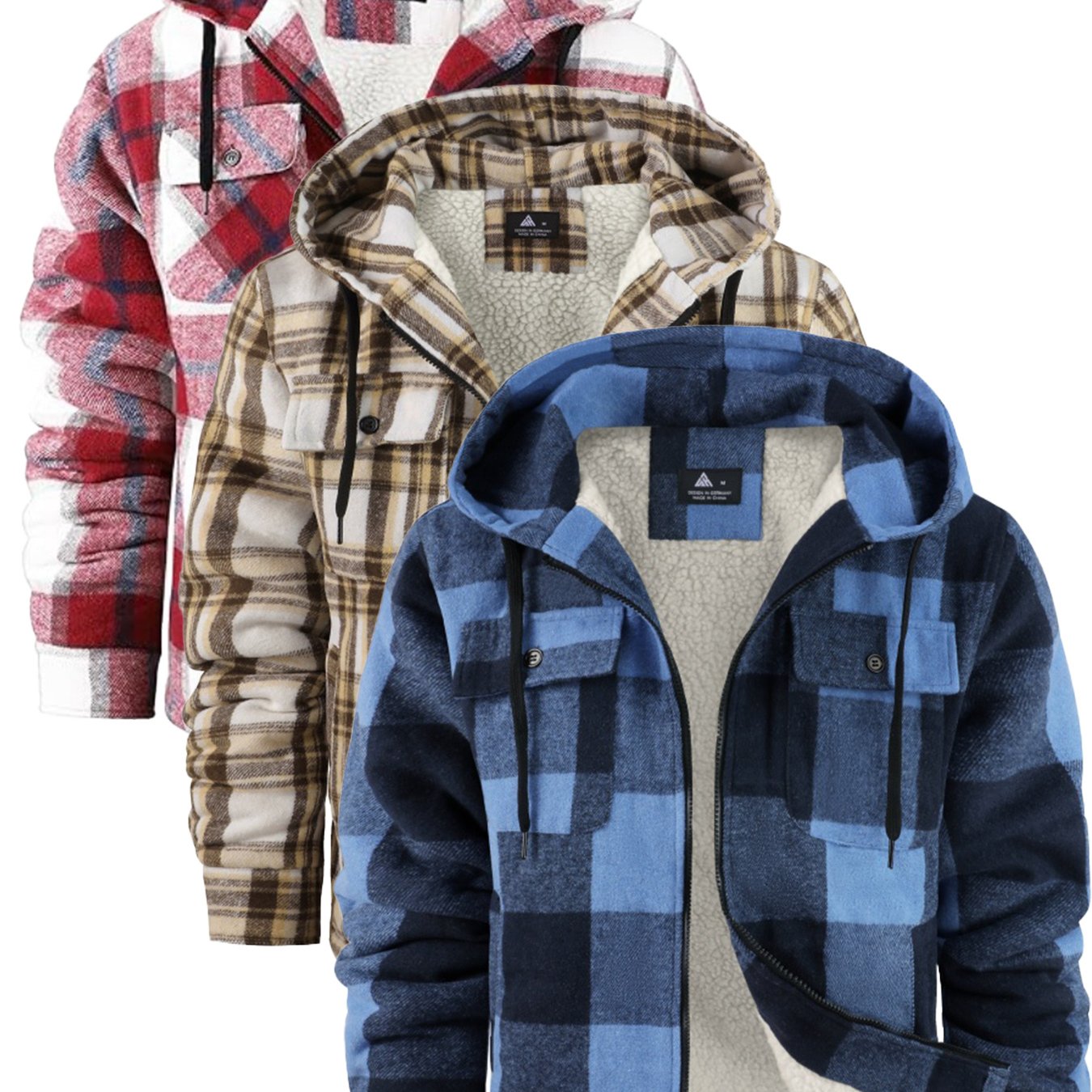 3pcs Sets Fashion Flannel Plaid Shirt Jacket for Men Sherpa Lined Zip Up Hoodies Shirts Jackets