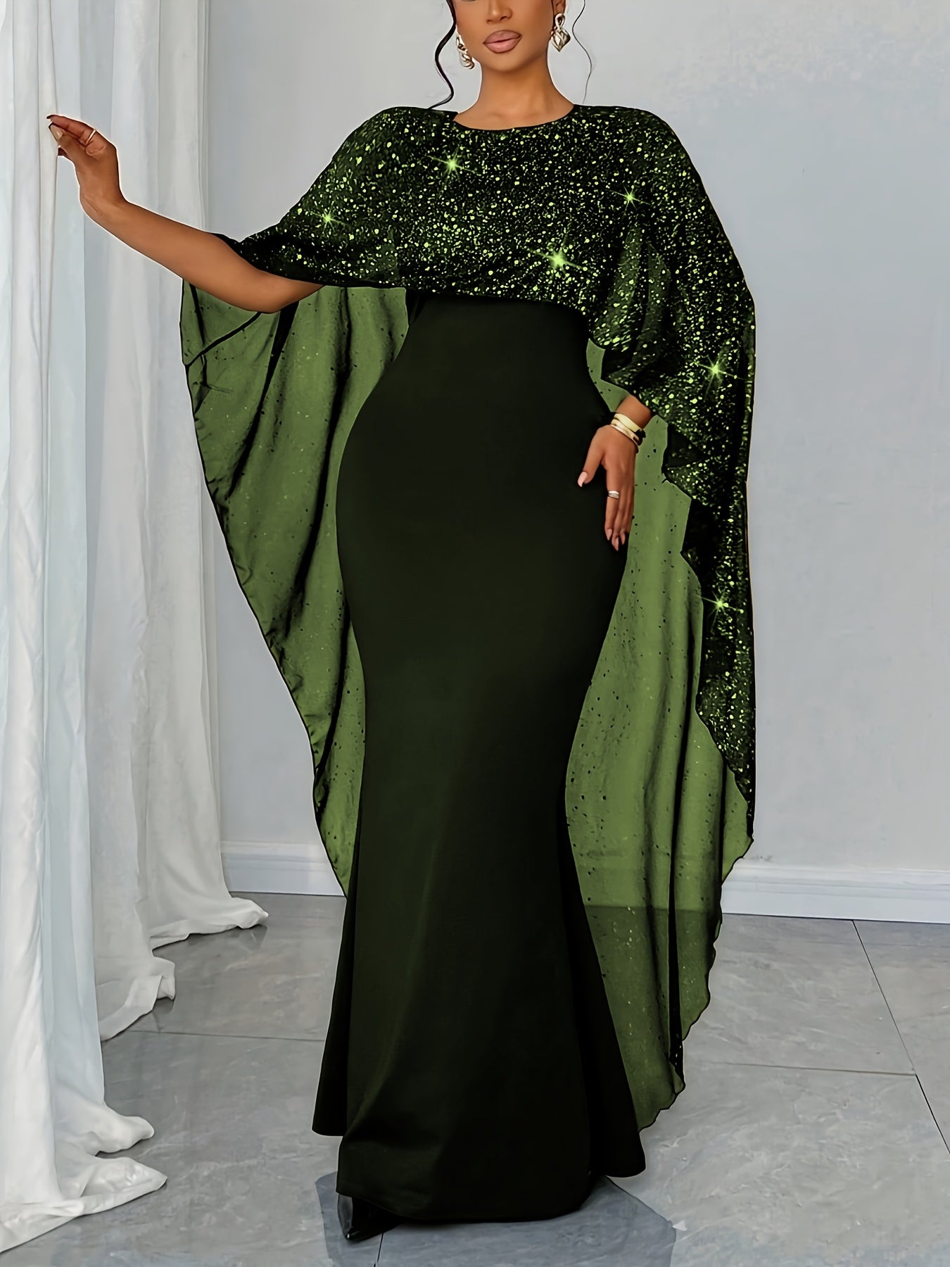 Plus Size - Plus Size - Women'S Elegant Dress with Star-Speckled Cape Sleeves - Stretchy Summer Party & Formal Attire, Plus Size Fitted Top & Flowy Skirt, Machine Washable, Elegant Outfit | Flowy Skirt Gown | Sleek Black Dres