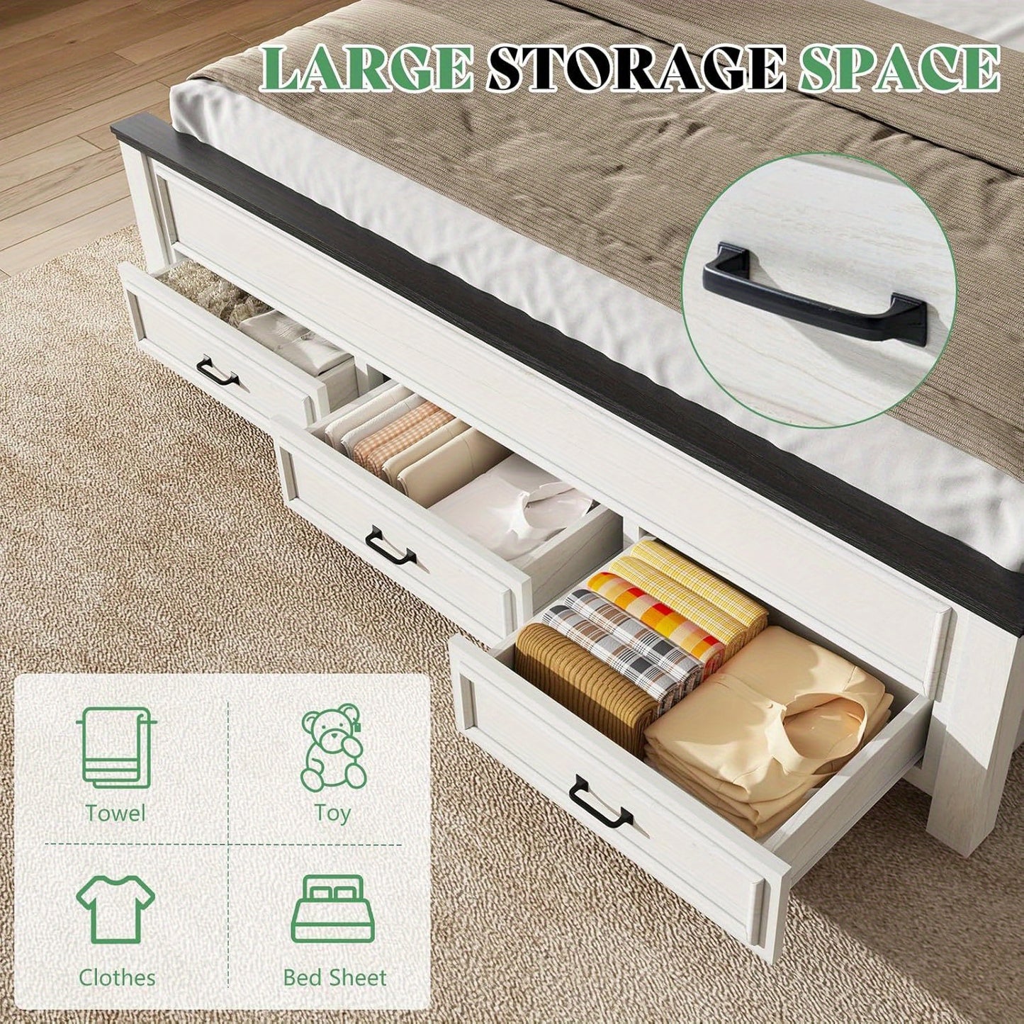 Wooden Platform Bed Frame Featuring a Tall 52.2" Headboard And Footboard, Along with Two Spacious Storage Drawers.