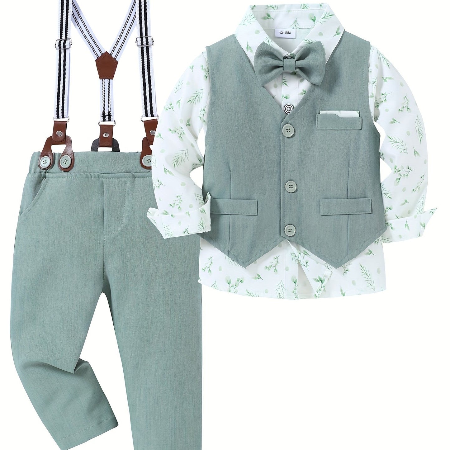 4pcs Boy Clothes Suit Gentleman Wedding Outfits Formal Dress Shirt/Bowtie/Vest/Suspender Pants 1-5T, Special Occasion Outfit, Toddler Wedding Attire, Elegant Toddler Outfit, Classic Baby Suit, Comfortable Toddler Clothes, Dur