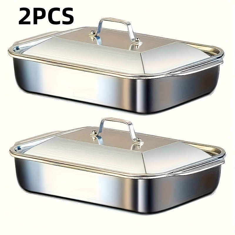 4pcs Set of 2 Deep Dishes and 2 Handle-Lid Stainless Steel Rectangular Baking Pans with Metal Lids - 6L Capacity, 16.14-Inch Deep Roasting Pan Fish Grill Tray Lasagna Dish, Dishwasher Safe, Men's Gift for Father’s Day, Best