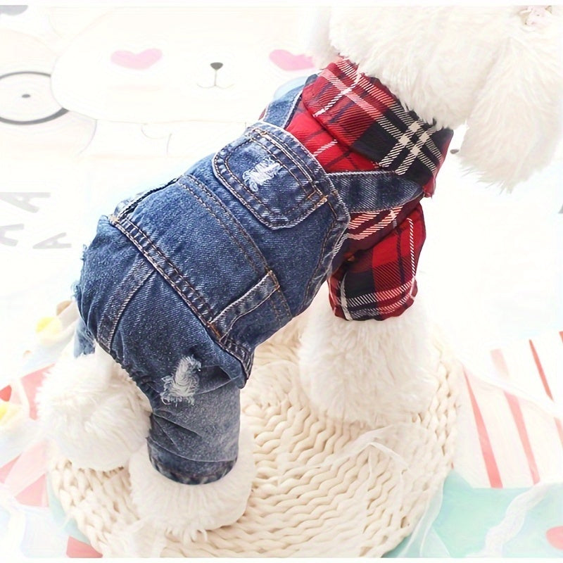 Internet Celebrity Autumn and Winter Fashion Brand Plaid Imitation Denim Pet Poodle Teddy Bear Bichon Frise  Dog Clothes