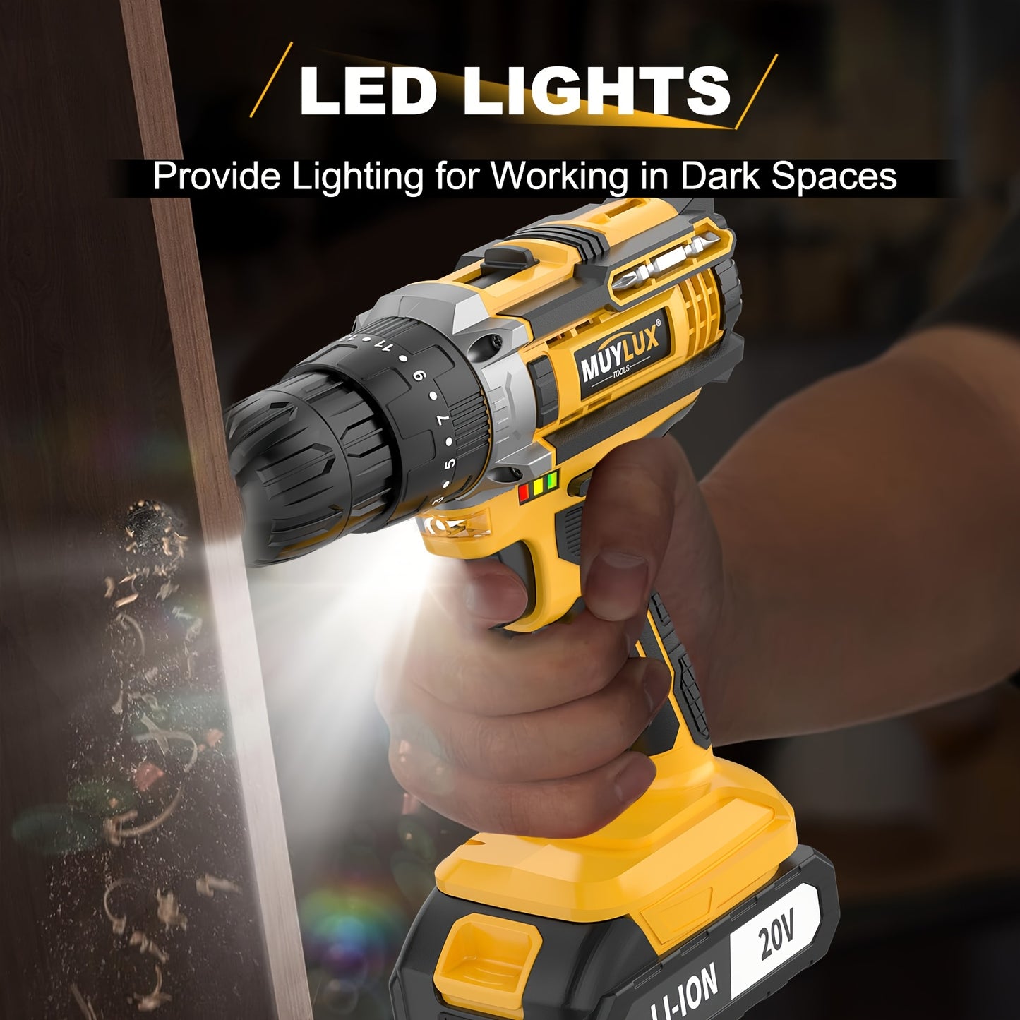 20V Cordless Drill Set, Impact Power Drill with 3/8 Inch Keyless Chuck, 18+3 Clutch Electric Drill with Work Light, Max Torque 45Nm, 2-Variable Speed & 2.0AH Batteries And Fast Charger, Bits Set And Box for, Home Repair, Gift