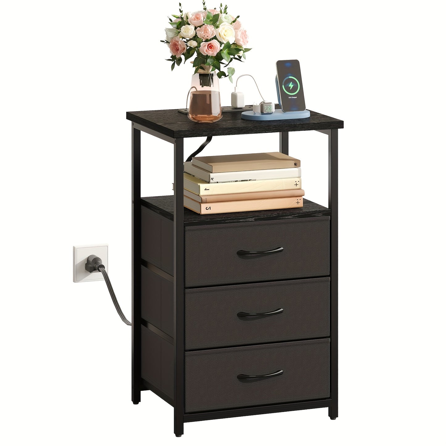 WHONLINE 1/2pcs Night Stand With Charging Station, Nightstand 1/2 Set With 3 Fabric Drawers, End Table With Storage, Night Stand For Bedroom, School And Dormitory Storage, Black End Table, Heavy Duty Night Stand, For Hallowee