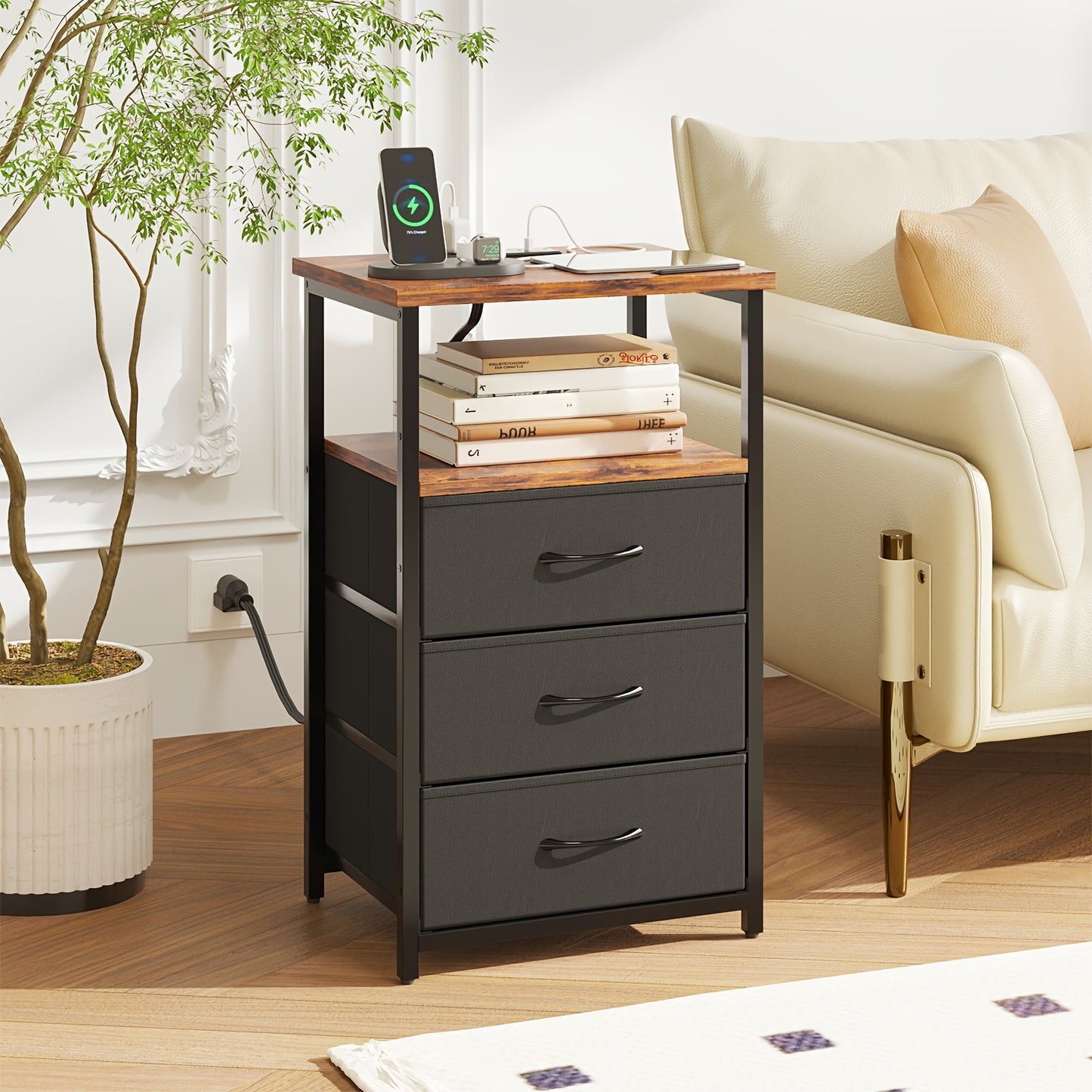 WHONLINE 1/2pcs Night Stand With Charging Station, Nightstand 1/2 Set With 3 Fabric Drawers, End Table With Storage, Night Stand For Bedroom, School And Dormitory Storage, Black End Table, Heavy Duty Night Stand, For Hallowee