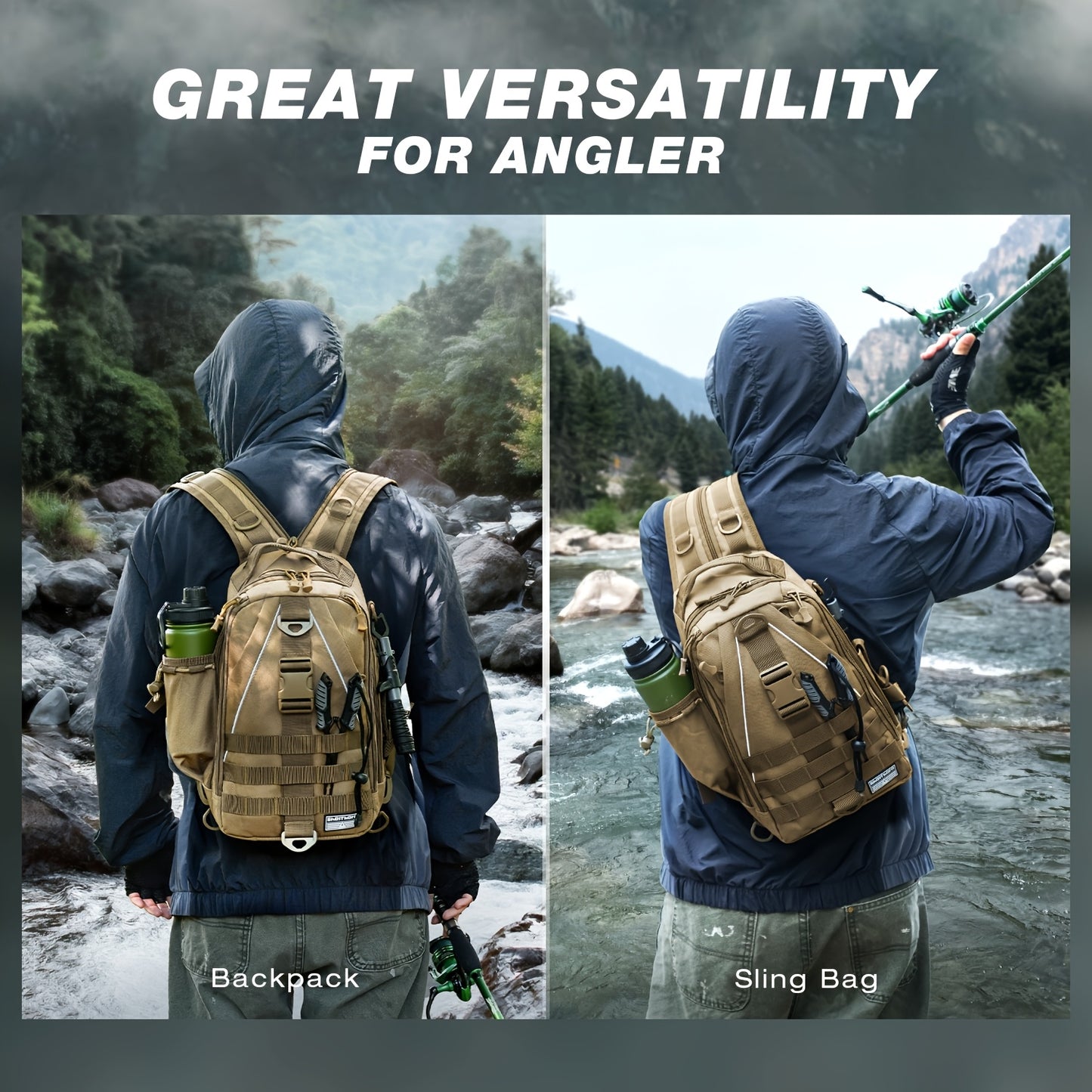 Ghosthorn Fishing Backpack with Tackle Boxes, High Quality Sling Tackle Bag for Fishing Gear with Rod Holder, Gifts for Men, Outdoor Fishing Accessory, Fishing Gear Storage, Sling Pack With Rod Holder, All-In-One Fishing Kit,