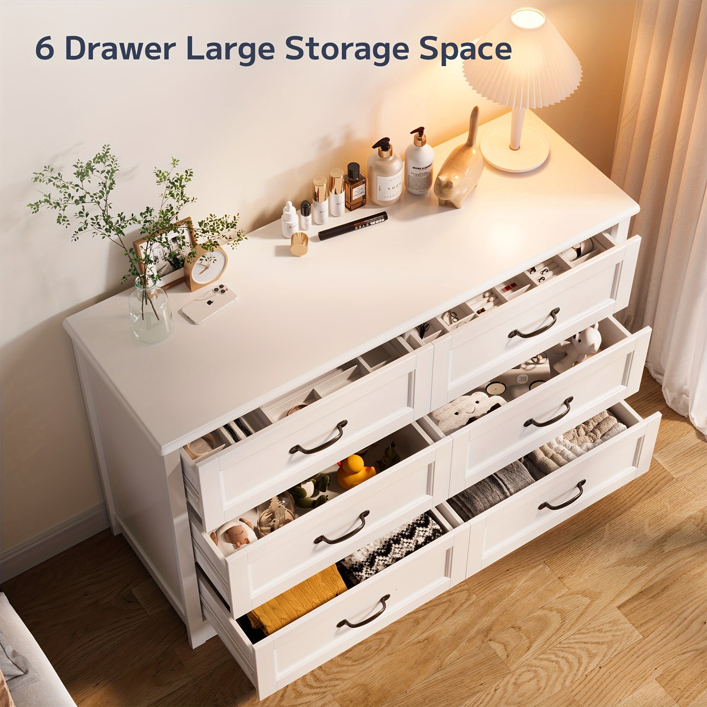 ASOFER 6 Drawer Dresser for Bedroom, White Modern Wood Dresser with Mental Handle, 3.2+ Cubic Feet Storage, 27+ Inch Height, Hardwood Construction, Entryway, Hallway, Cloakroom, Easy Assembly, ≥30 lbs Weight, ASOFER