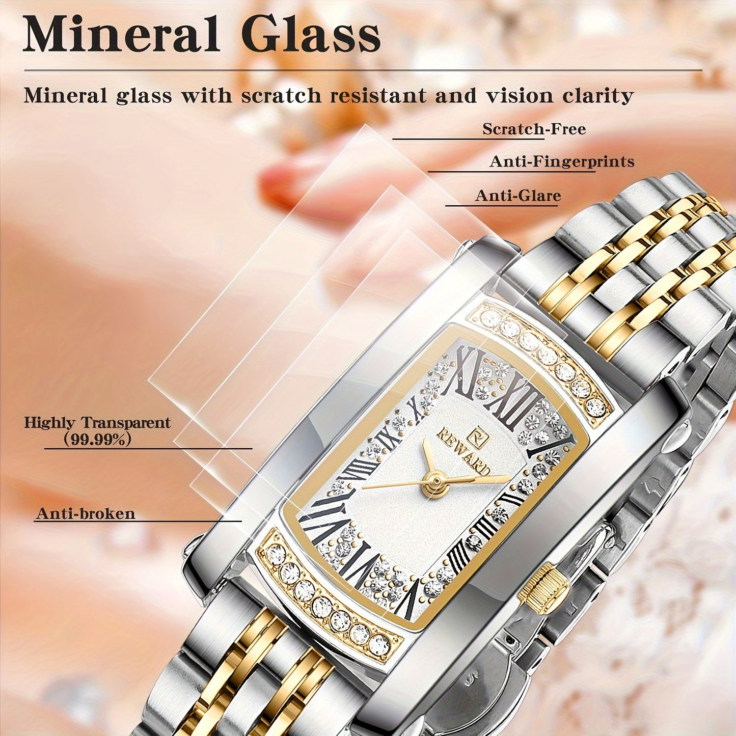 REWARD Women'S Quartz Watch - Japanese Movement, Stainless Steel Band, Glitter Accents, Tonneau Case, Digital Display, Scratch-Resistant Mineral Glass, Elegant Casual Style Wristwatch