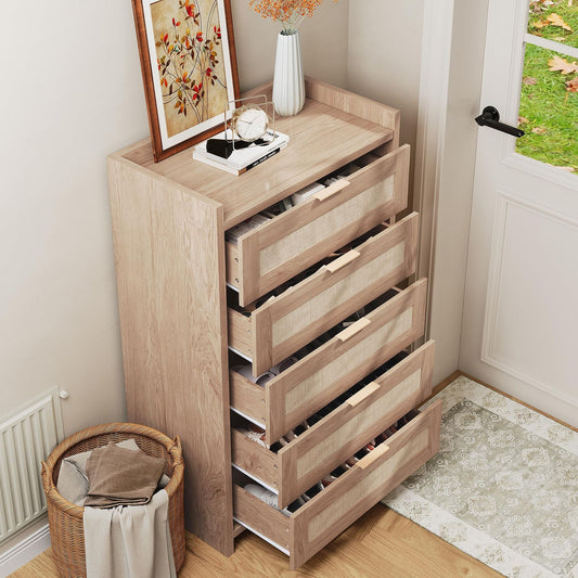 1 Rattan Weaving Five-Drawer Chest | Elegant Storage Solution With Durable And Intricate Rattan Design For Home Organization, Room Decor, Christmas Decorations, Birthday Gifts For Women Men Friends - Hardwood, Mixed Color, As