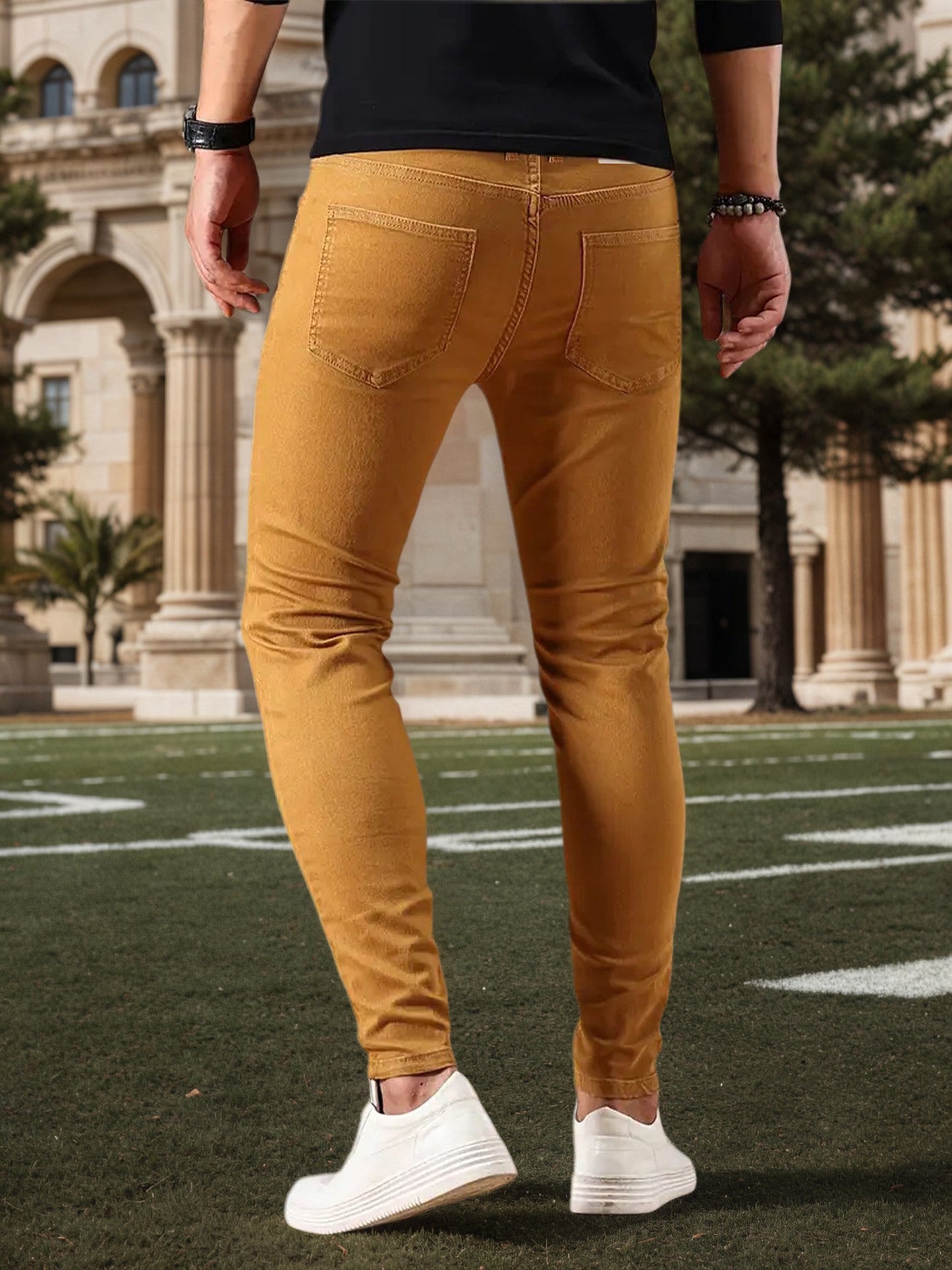 Fashionable long pants Slim-fit jeans Men's jeans with durable fabric, stretchy long pants style, cycling Men's pants, business casual brown long pants