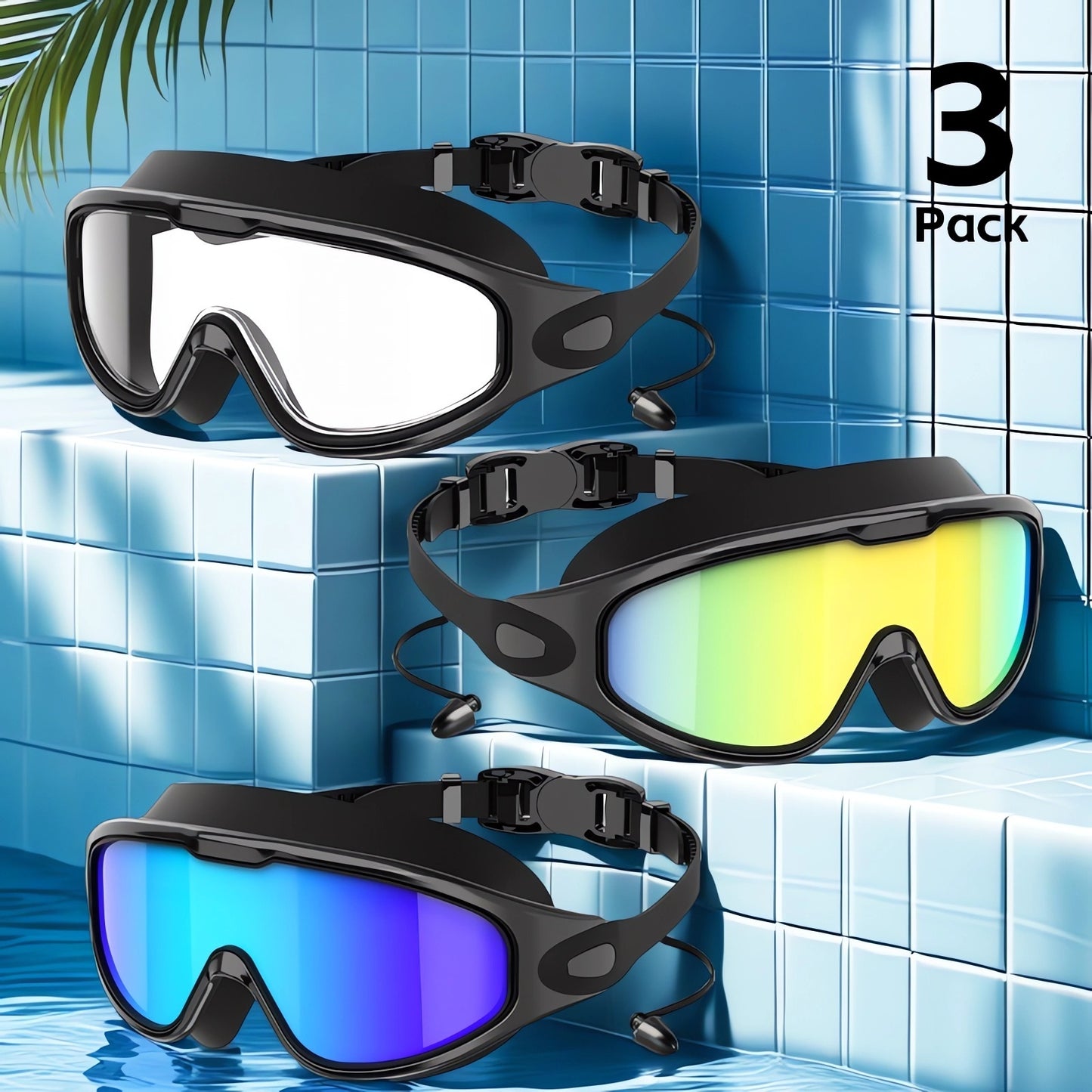 3pcs NSSIW Trendy Retro Adult Large Frame Casual Swimming Goggles Men's Women's Universal Plain Swimming Goggles Goggles - Casual Goggles Swimming Goggles