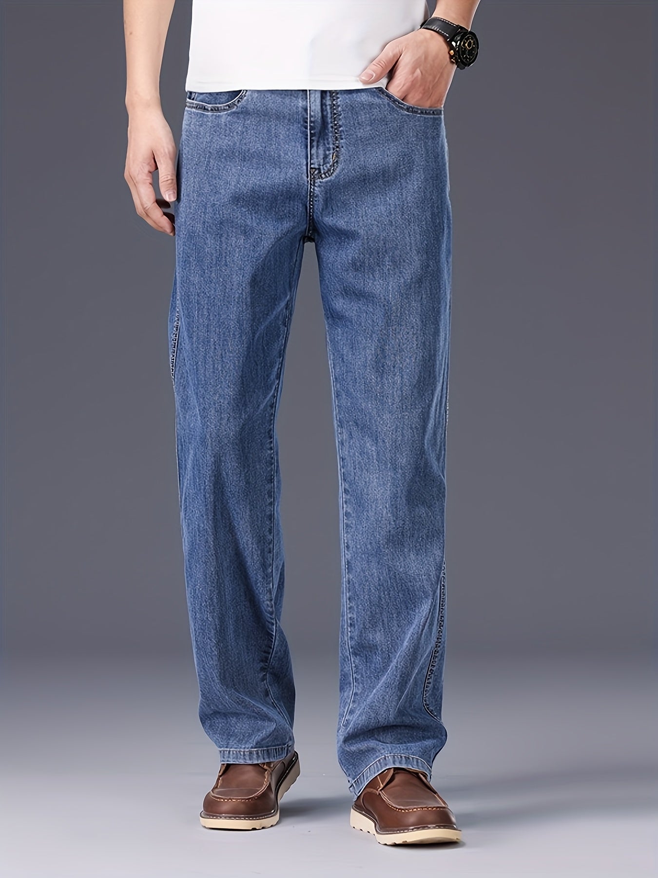 Men's Lyocell Stretch Denim Straight-Leg Jeans - All-Season Business Casual Pants with Button Detail, Machine Washable, Classic Regular Fit & Solid Color Design, Versatile for Office & Casual Attire, Durable Fabric Pants, Tim