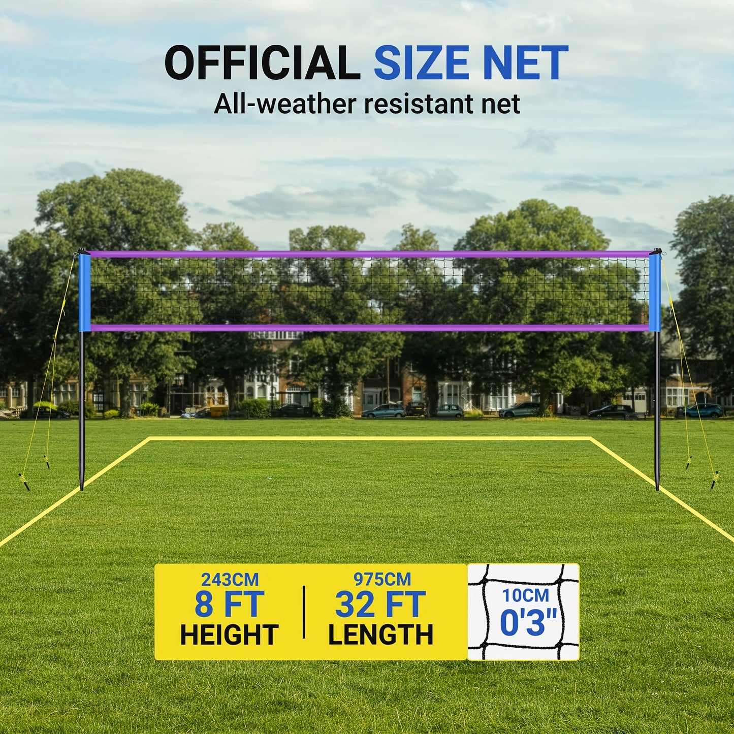 FITPLAY Portable Volleyball Net System with Adjustable Height (3.05m) - Heavy-Duty PU Net, Sturdy Poles & Carry Bag, Quick Setup & Transport, Yellow/ Design, All-Weather Outdoor/Indoor Use for Beach, Backyard, Home - Complete