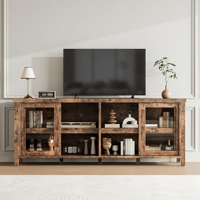 65 Inch TV Stand with Sliding Glass Doors - Heavy-Duty Non-Wood Entertainment Center, Modern Media Console with Storage Cabinet, Easy Assembly Living Room & Home Theater Furniture for Large TVs up to 65 Inches, Display Shelvi
