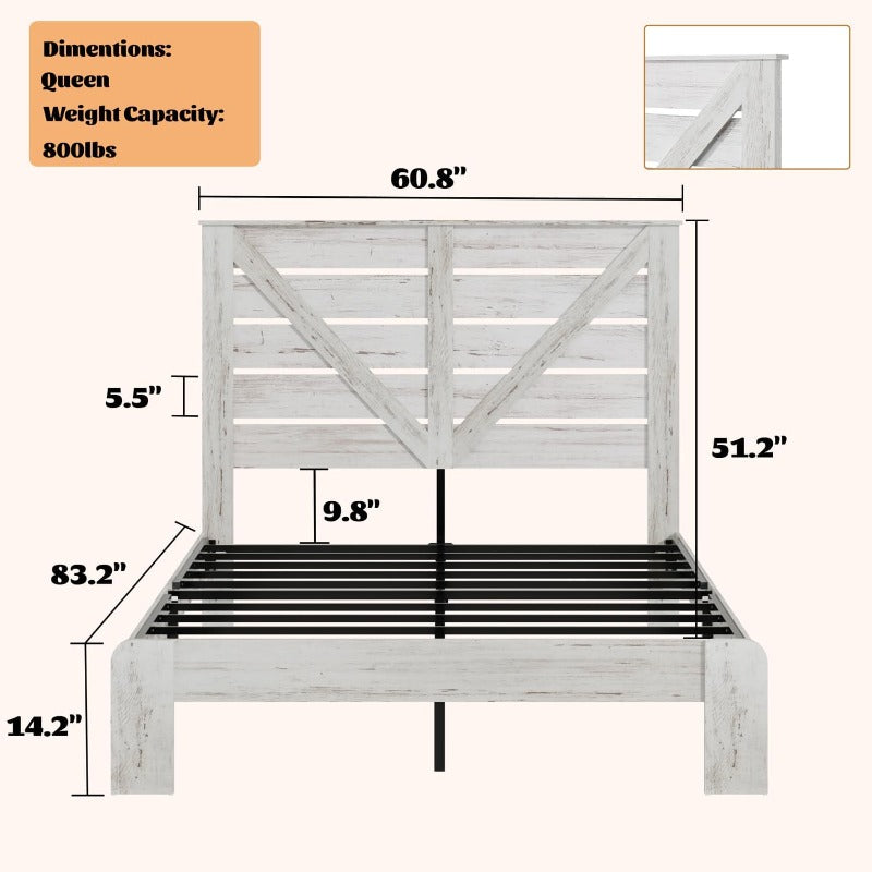 King Sized Bedroom Furniture With Imitation Wooden Headboard And Heavy Metal Bed Frame | Noise Free, No Box Spring Needed, Easy Assembly Tool, Large Under Bed Storage, White, Free Home Delivery Mattress Not Included